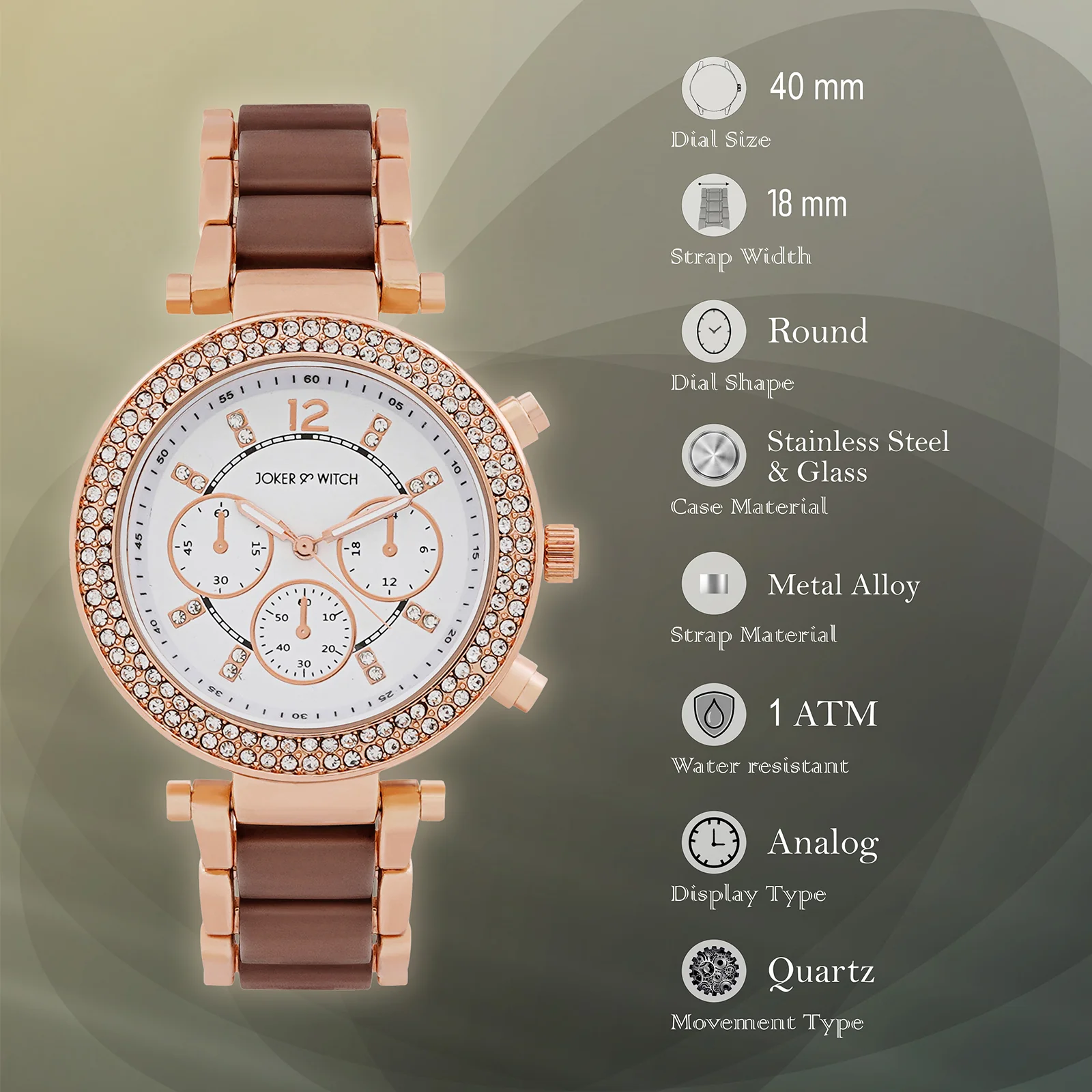 Suzanne White Large Rhinestone Dial Brown Ceramic Linked Chain Strap Women's Watch - Image 8