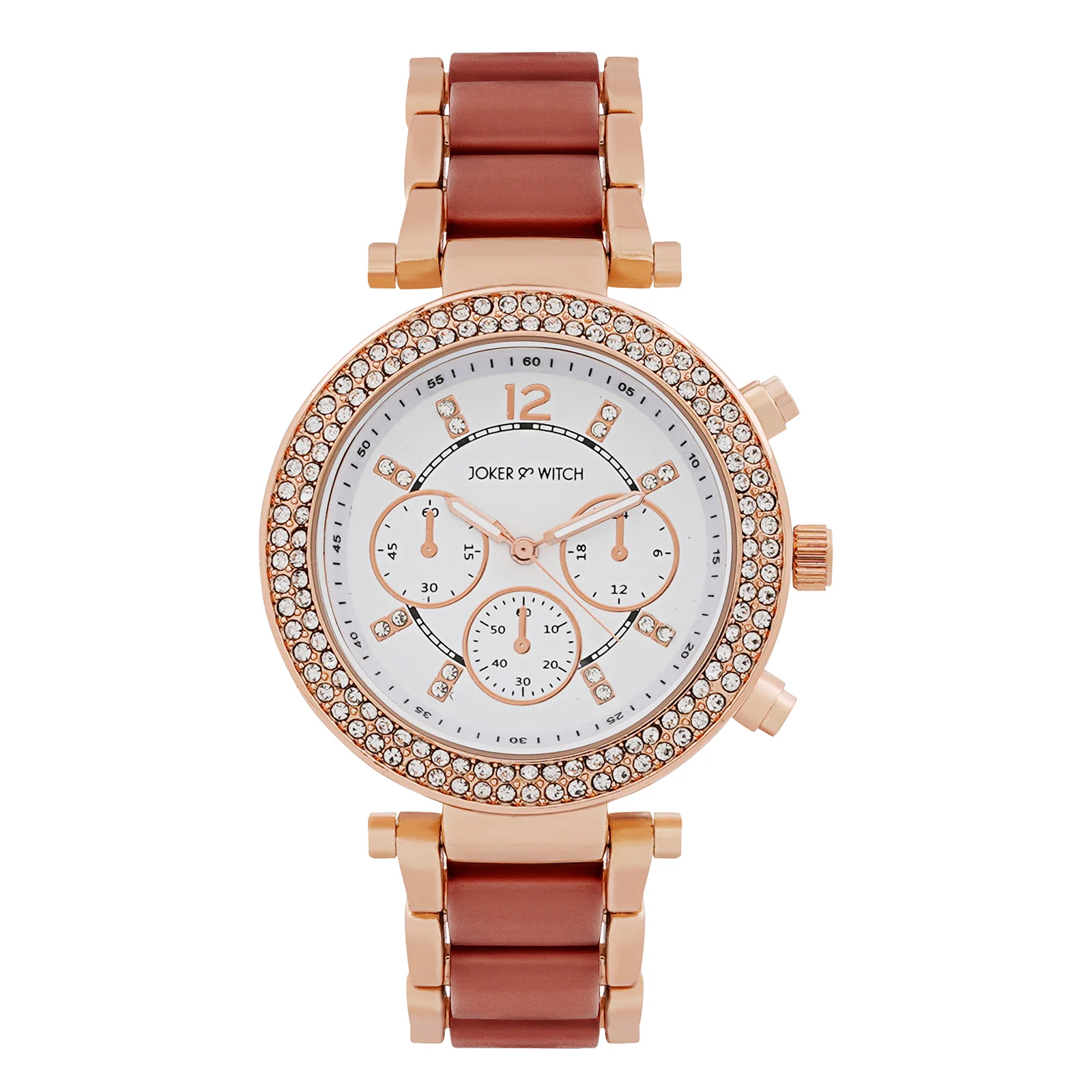 Suzanne White Large Rhinestone Dial Maroon Ceramic Linked Chain Strap Women's Watch - Image 3