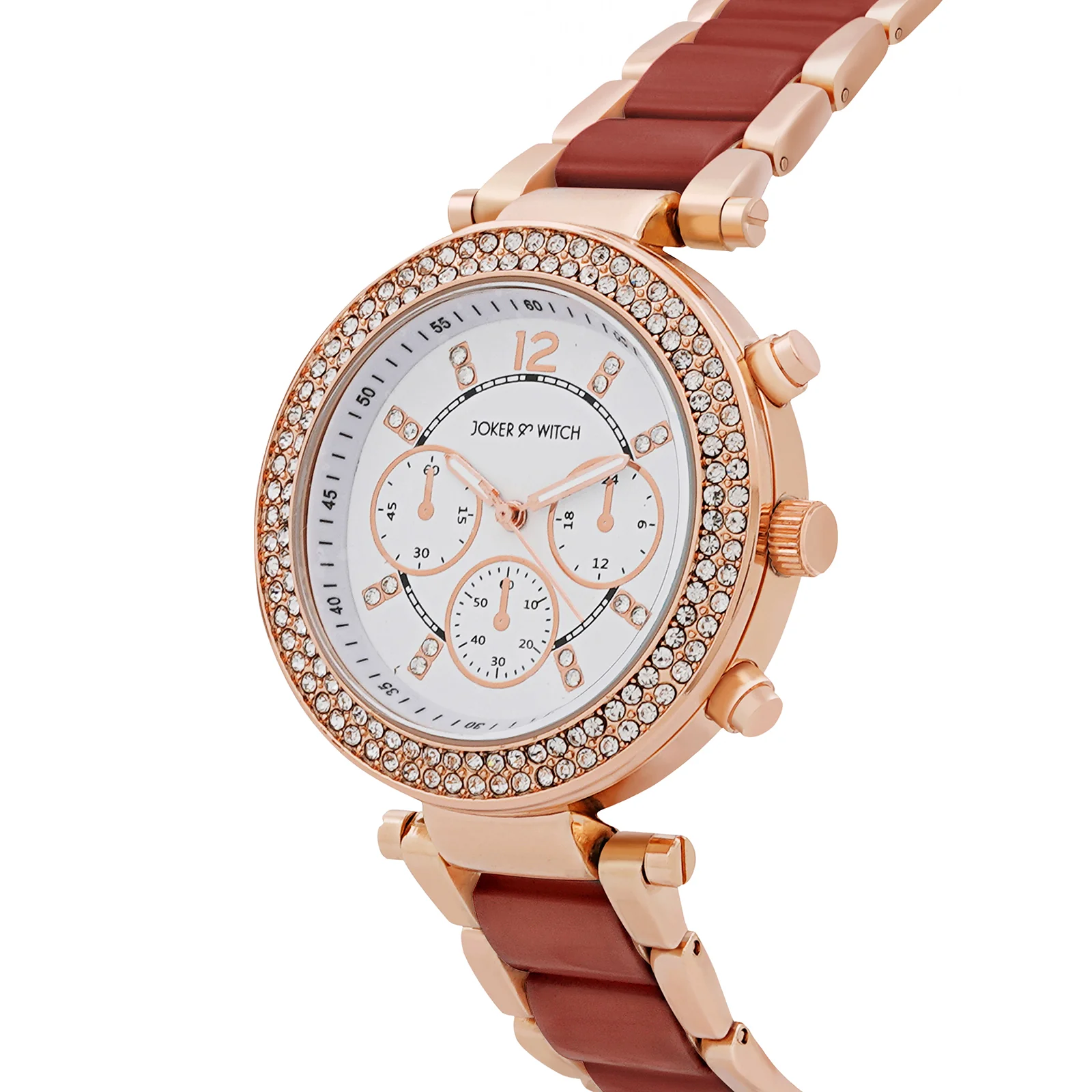 Suzanne White Large Rhinestone Dial Maroon Ceramic Linked Chain Strap Women's Watch - Image 4