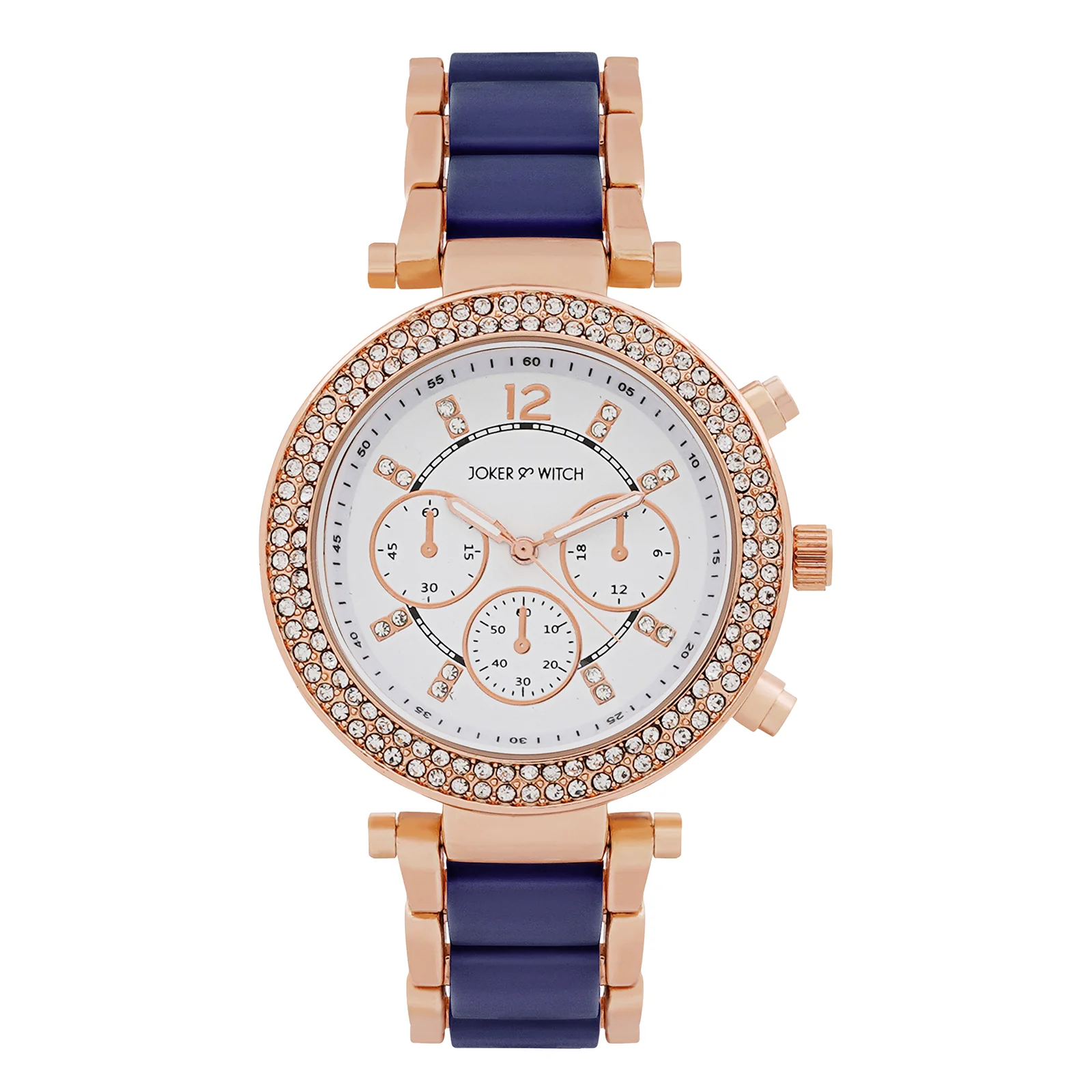Suzanne White Large Rhinestone Dial Navy Ceramic Linked Chain Strap Women's Watch - Image 3