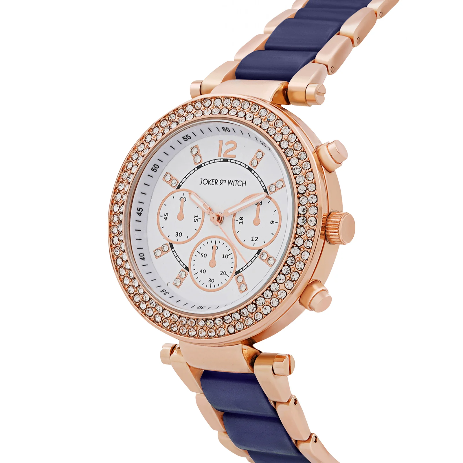 Suzanne White Large Rhinestone Dial Navy Ceramic Linked Chain Strap Women's Watch - Image 4