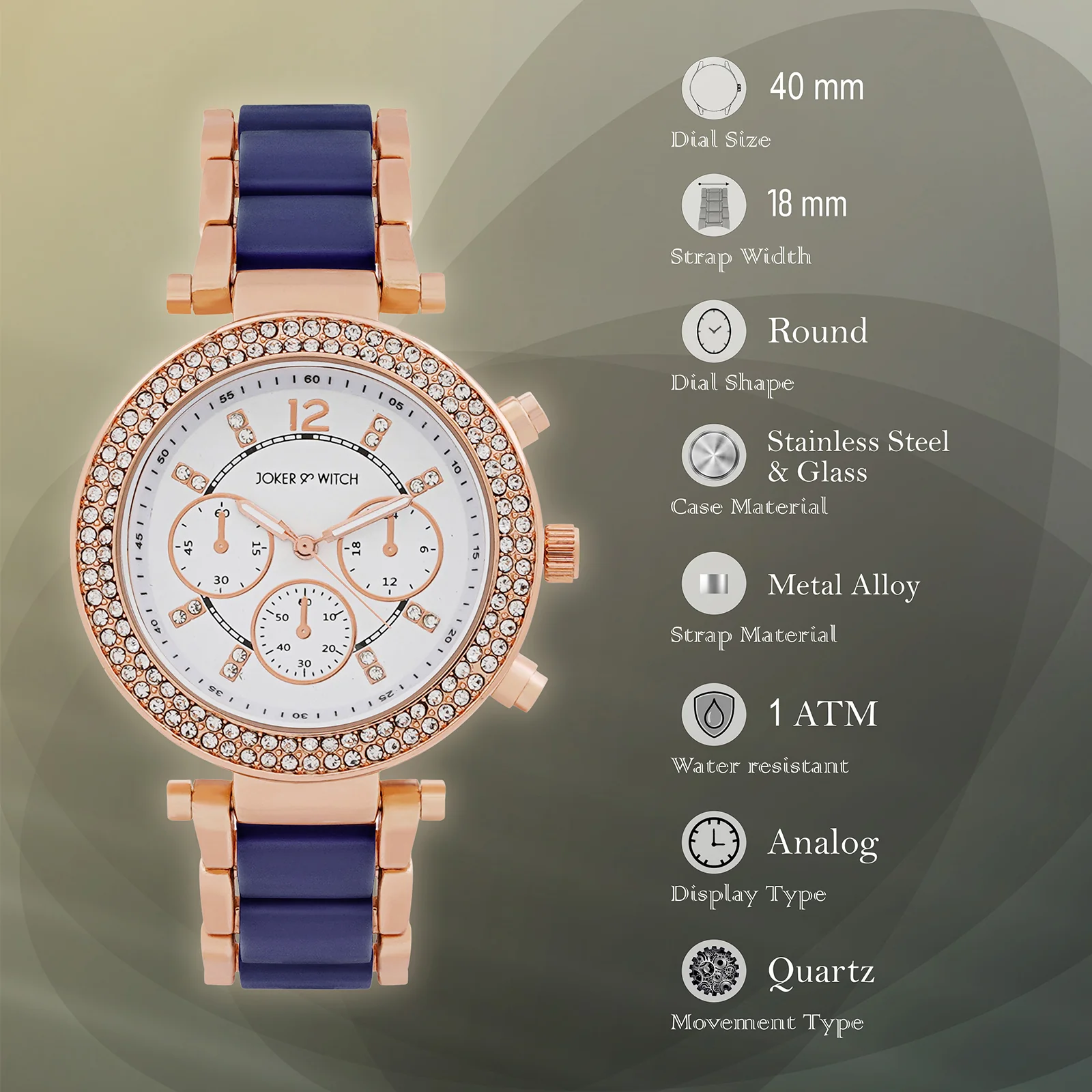 Suzanne White Large Rhinestone Dial Navy Ceramic Linked Chain Strap Women's Watch - Image 8