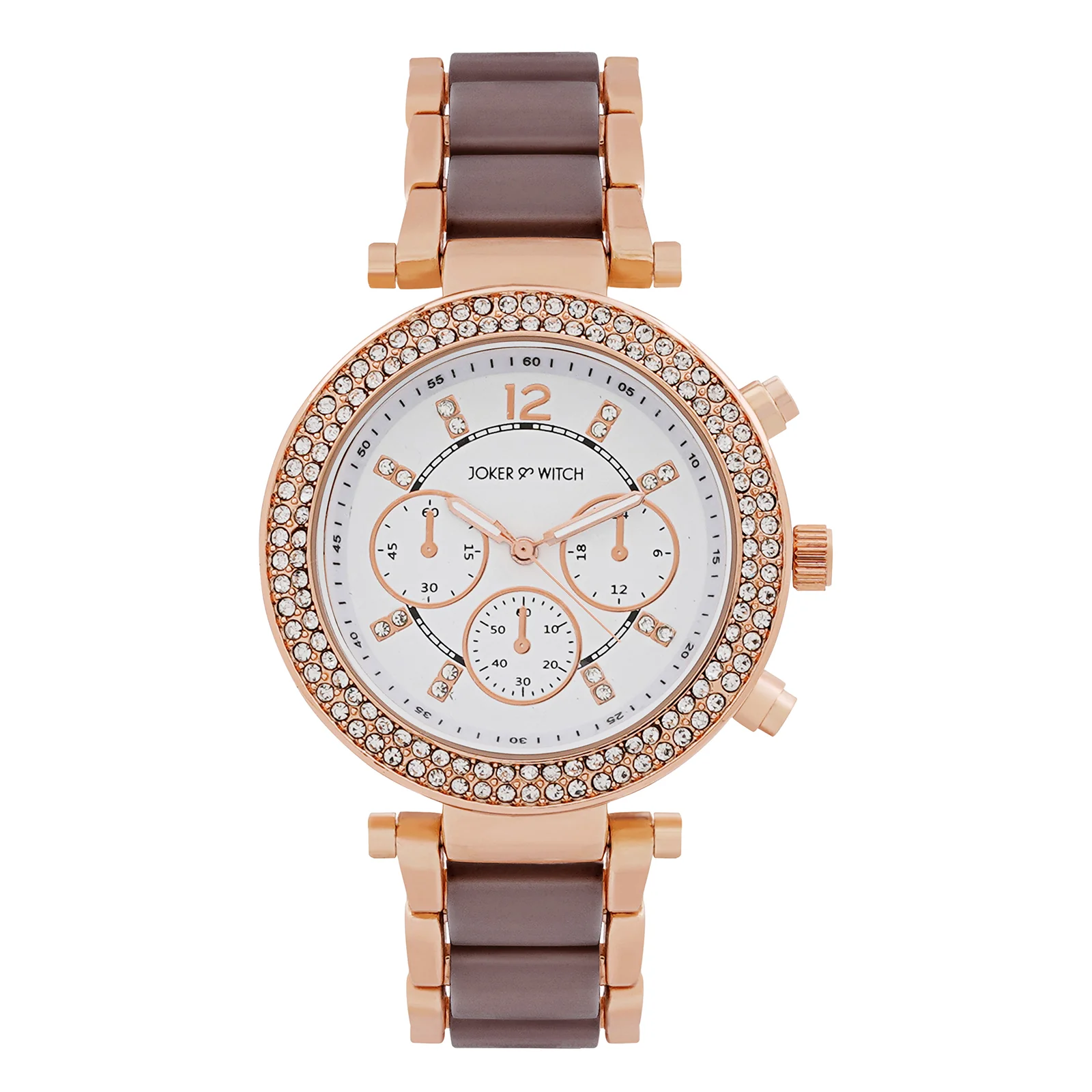 Suzanne White Large Rhinestone Dial Taupe Ceramic Linked Chain Strap Women's Watch - Image 3