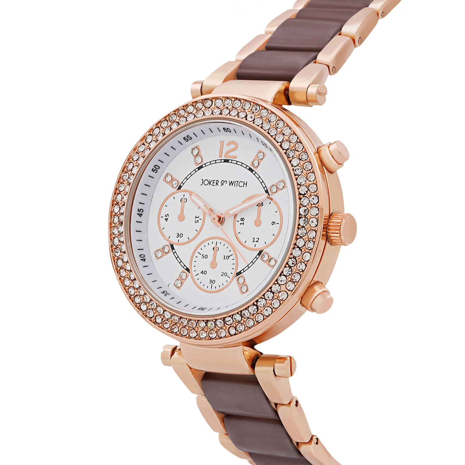 Suzanne White Large Rhinestone Dial Taupe Ceramic Linked Chain Strap Women's Watch - Image 4