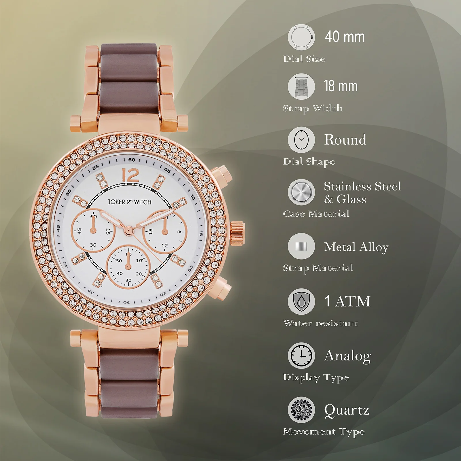 Suzanne White Large Rhinestone Dial Taupe Ceramic Linked Chain Strap Women's Watch - Image 8