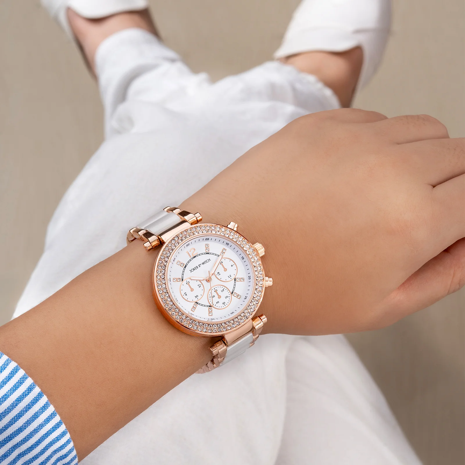 Suzanne White Large Rhinestone Dial White Ceramic Linked Chain Strap Women's Watch - Image 2