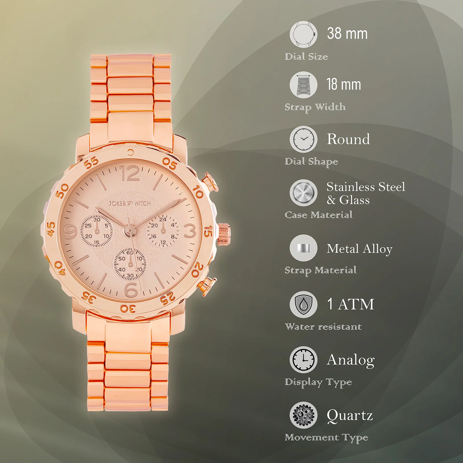 Taye Rose Gold Large Dial Linked Chain Strap Women's Watch - Image 7