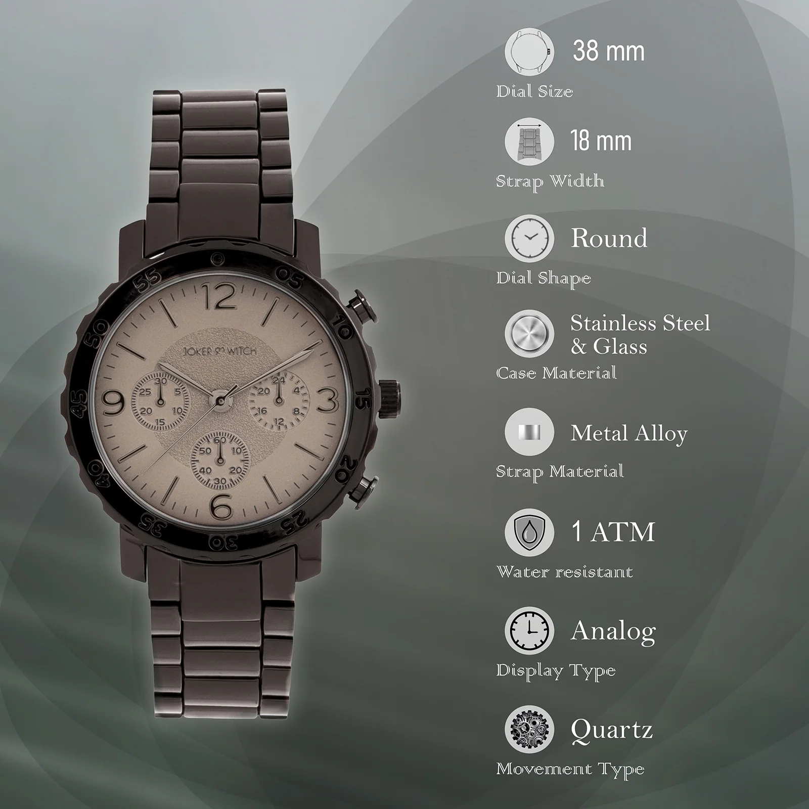 Taye Taupe Large Dial Gunmetal Linked Chain Strap Unisex Watch - Image 7
