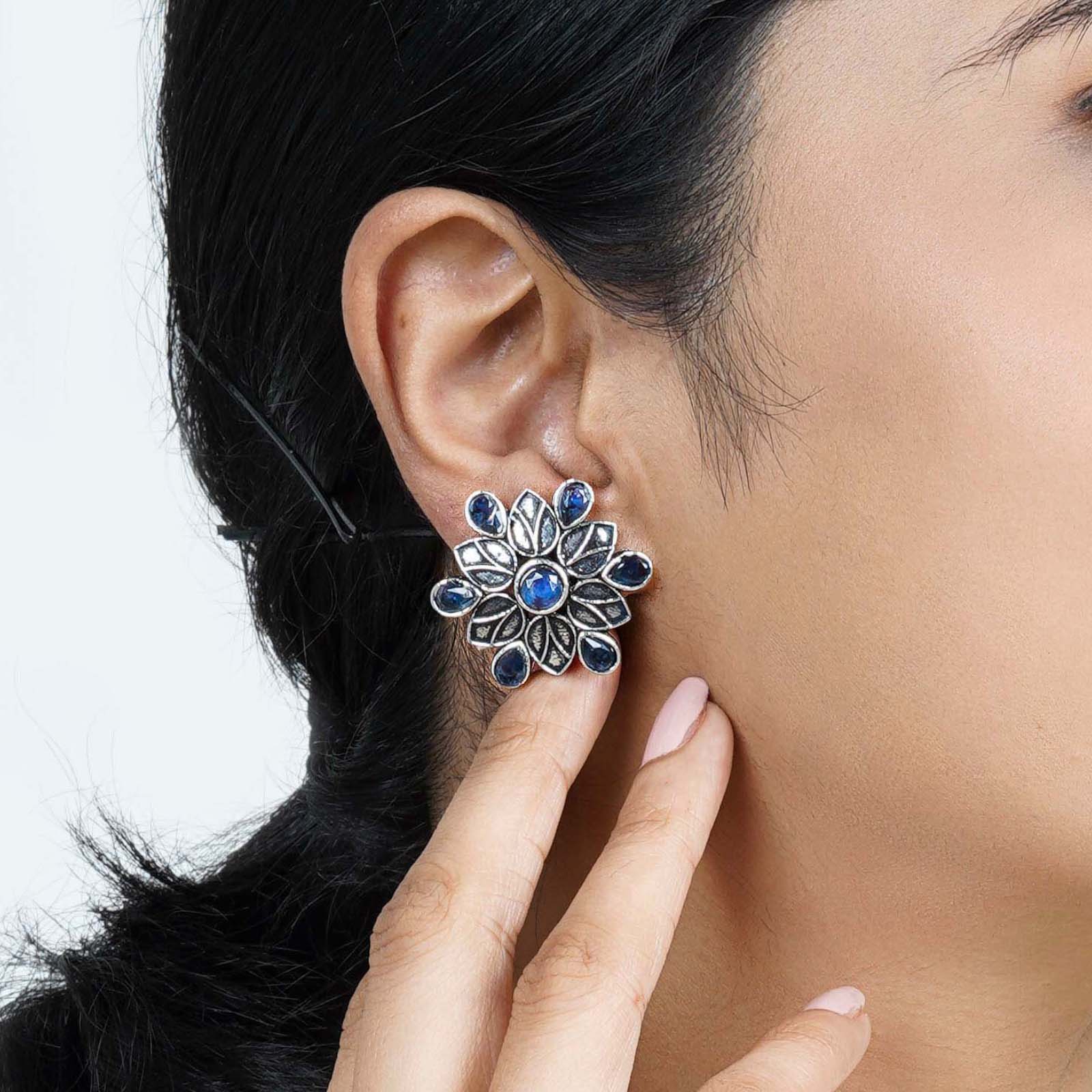 Teejh Aashini Blue Stone Silver Oxidised Earring - Image 2