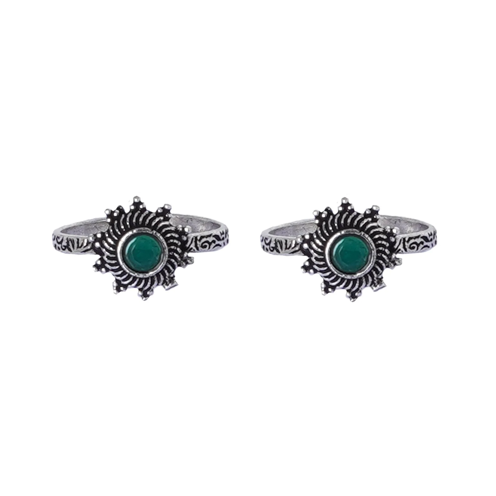 Teejh Aashvi Green Stone Silver Oxidised Toe Rings - Image 3