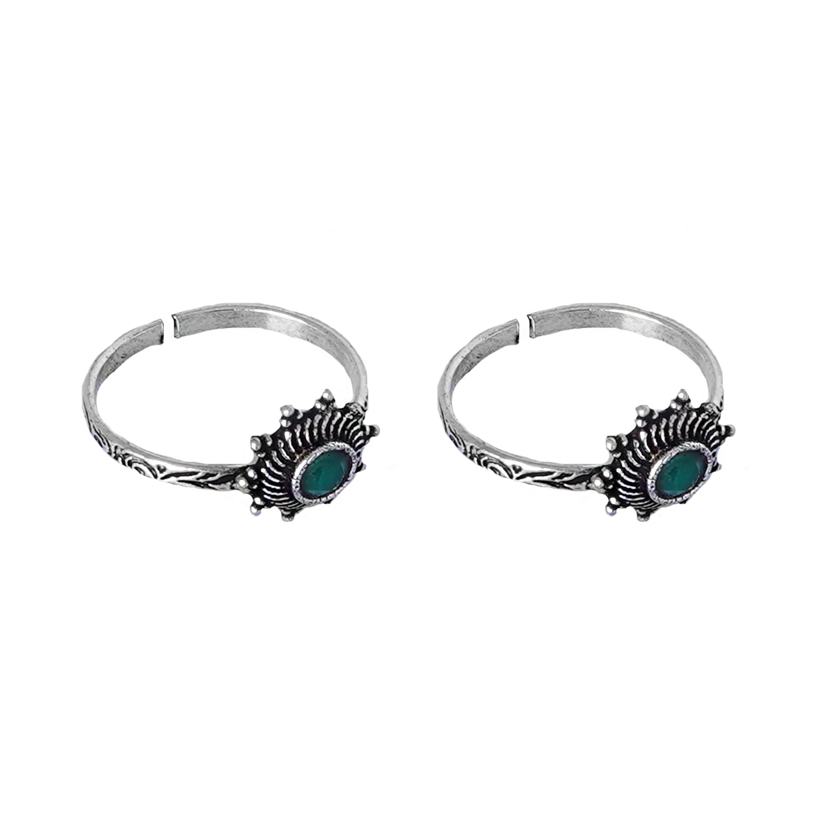 Teejh Aashvi Green Stone Silver Oxidised Toe Rings - Image 5