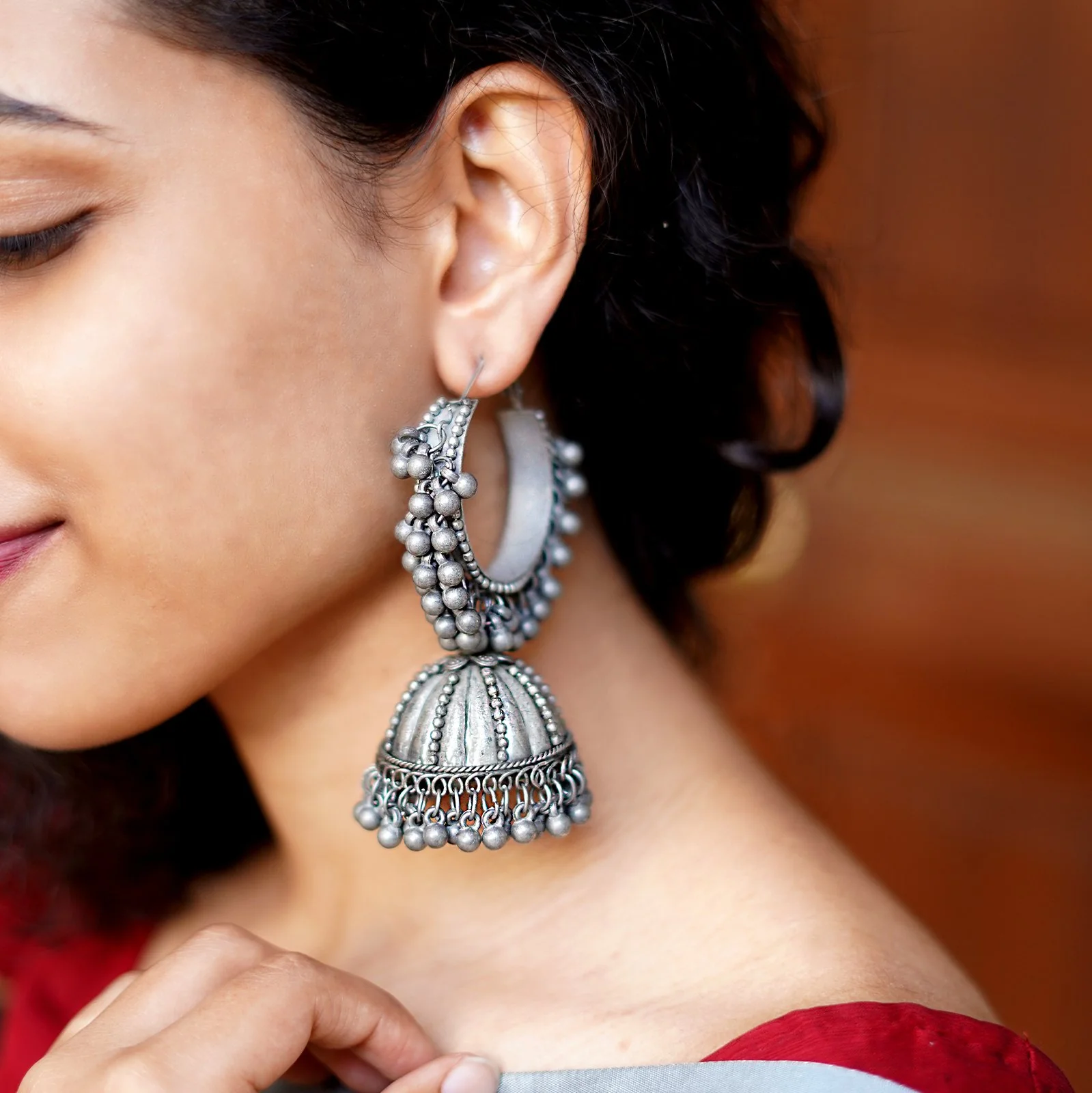 Teejh Alisha Pearl Silver Oxidised Jhumki Earrings - Image 2