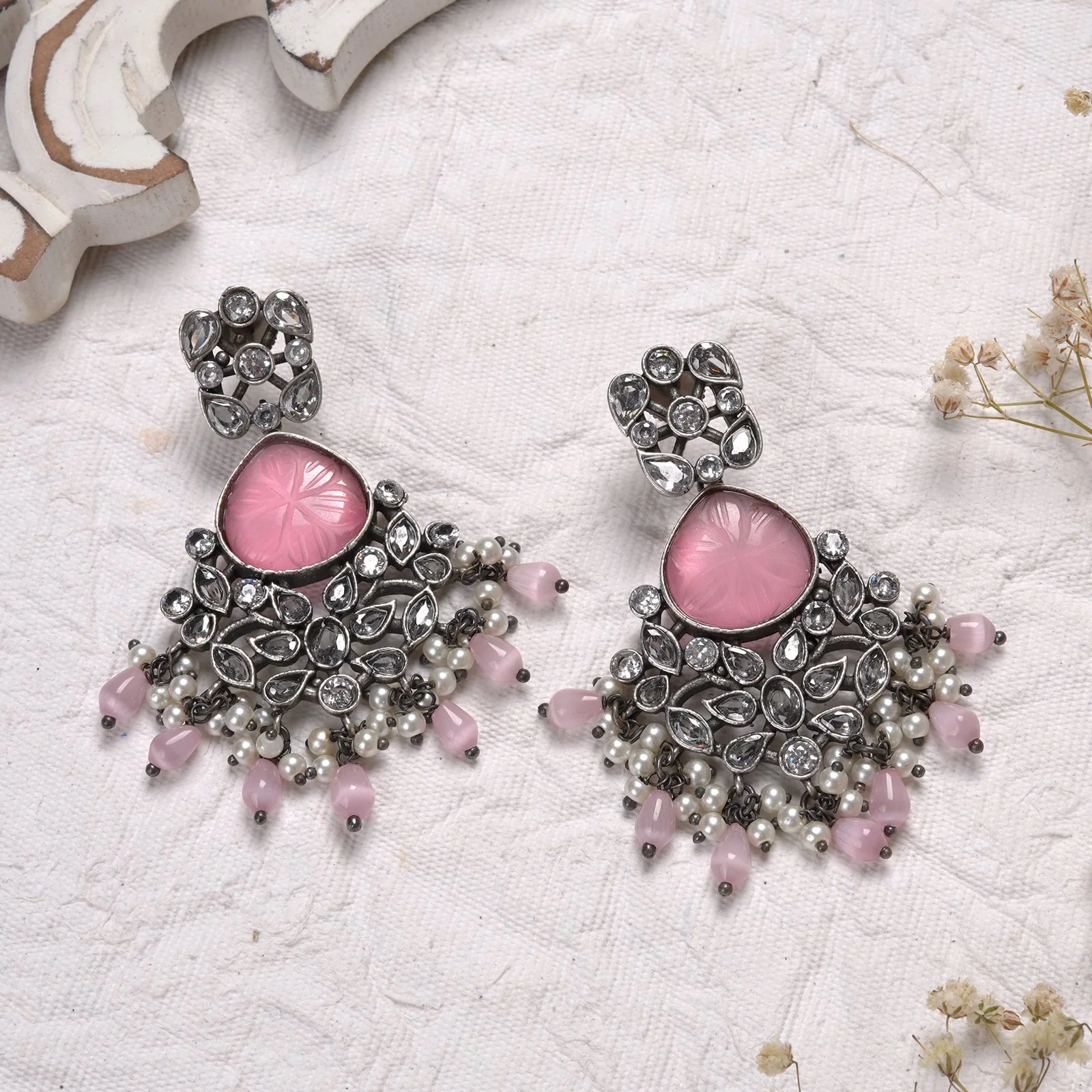 Teejh Anaika Silver Oxidised Pink Stone Earrings - Image 2