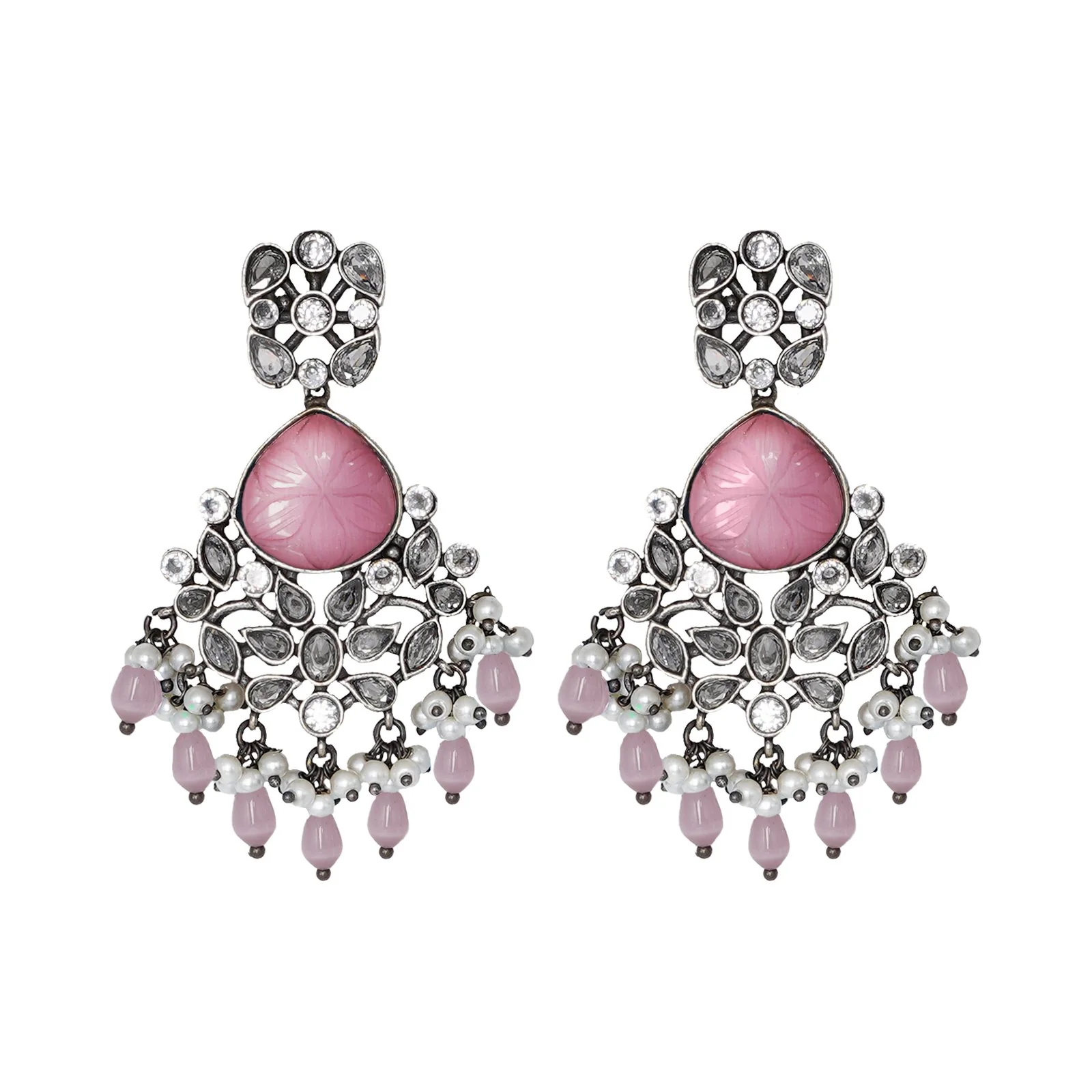 Teejh Anaika Silver Oxidised Pink Stone Earrings - Image 3
