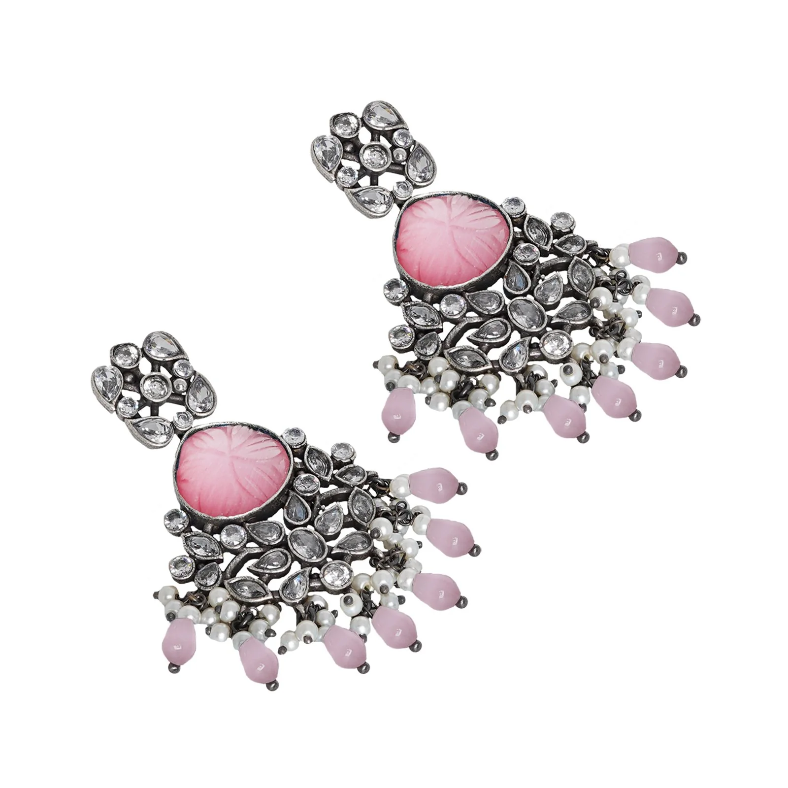 Teejh Anaika Silver Oxidised Pink Stone Earrings - Image 4
