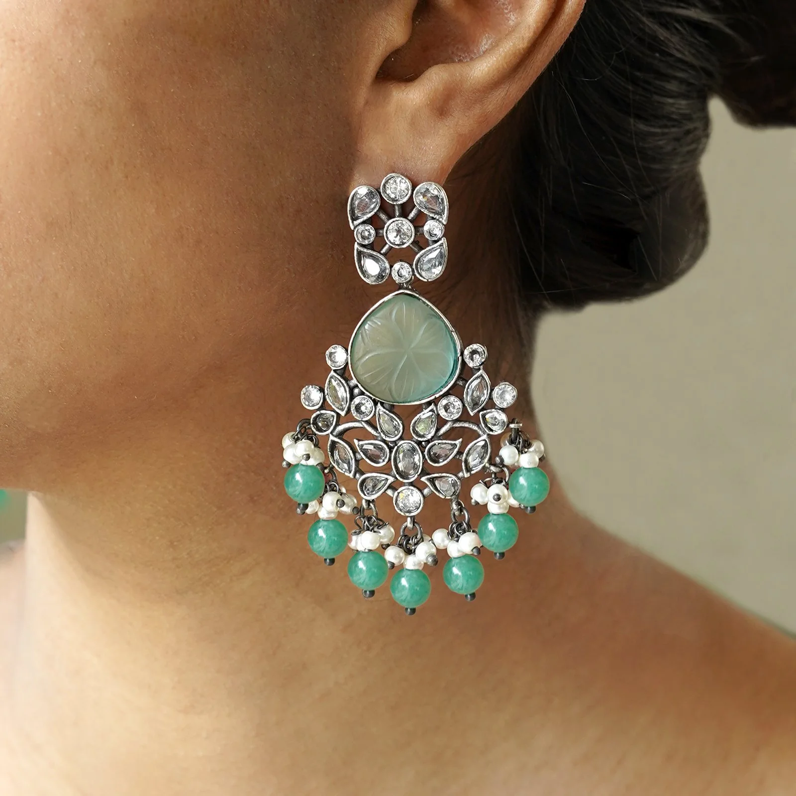 Teejh Anaika Silver Oxidised Turquoise Stone Earrings - Image 2