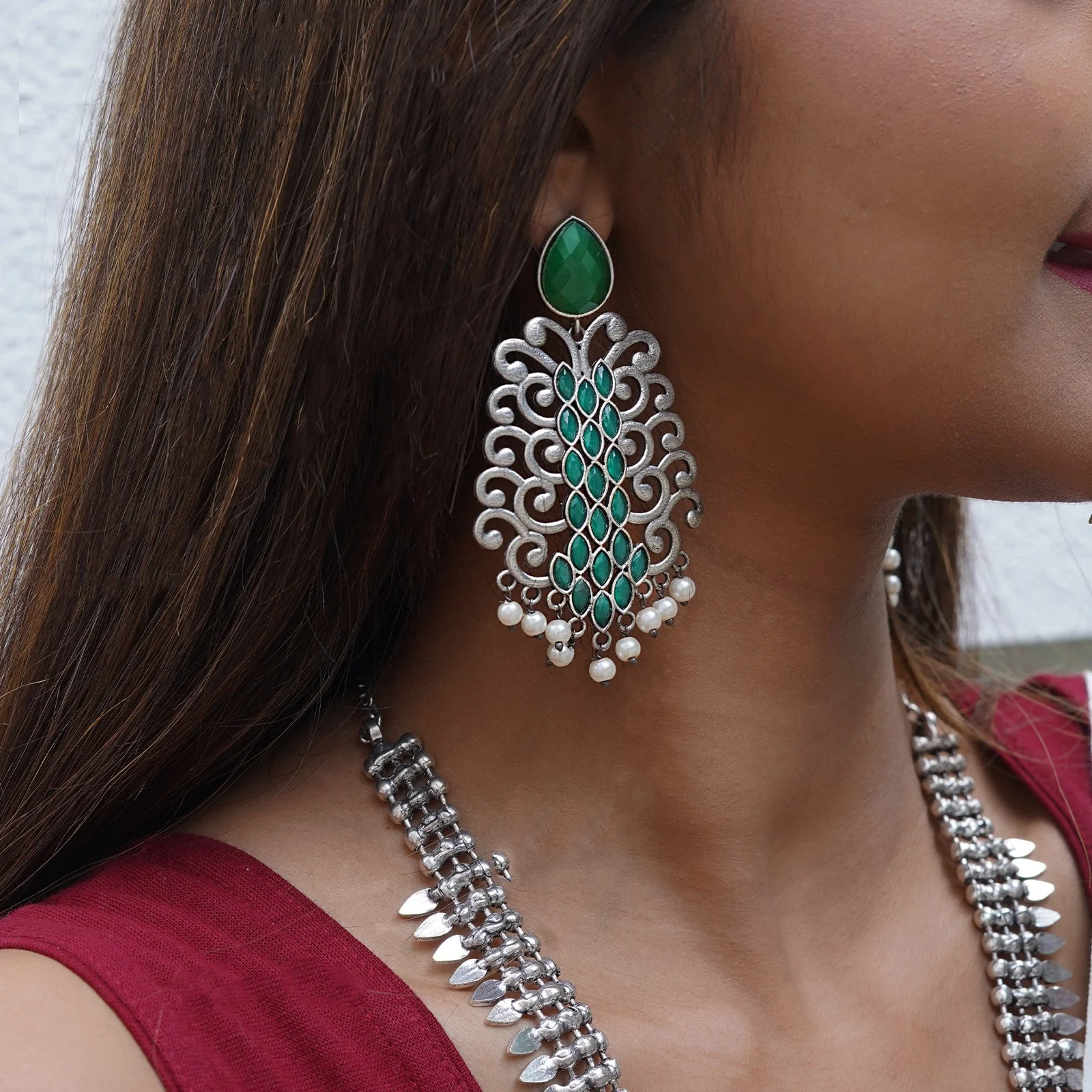 Teejh Anvita Green and Silver Oxidised Earring - Image 2