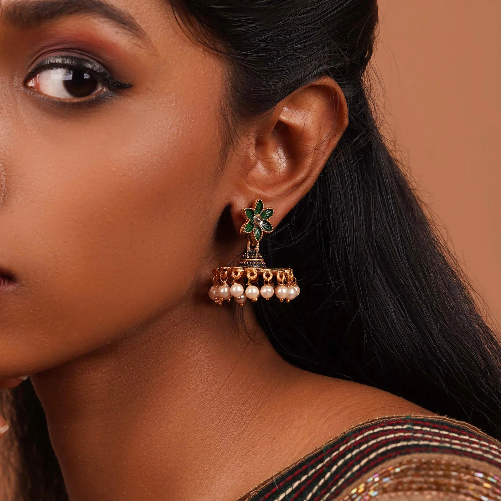 Teejh Arika Dark Green and Black Gold Enamel Earrings - Image 2