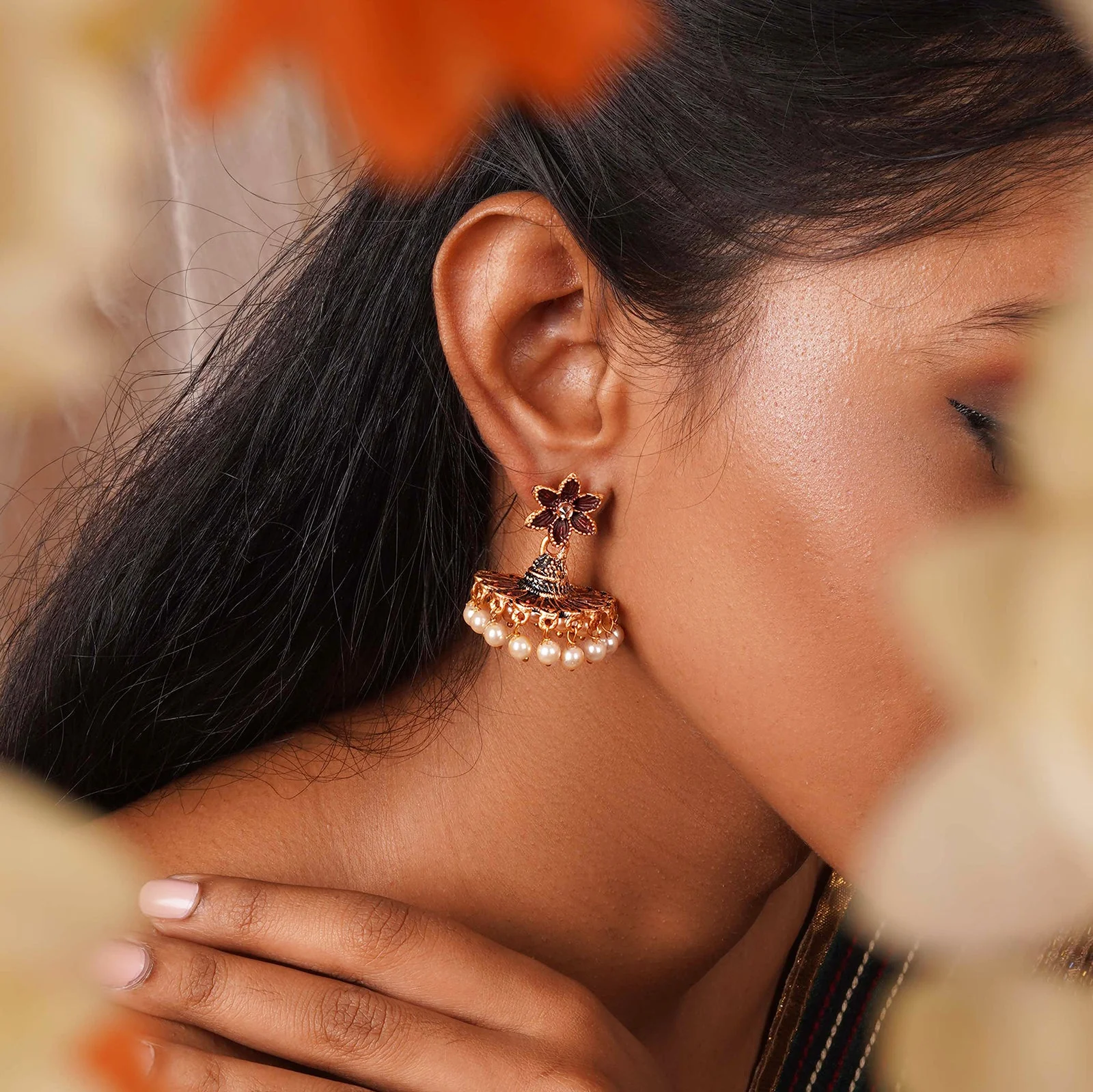 Teejh Arika Maroon and Black Gold Enamel Earrings - Image 2