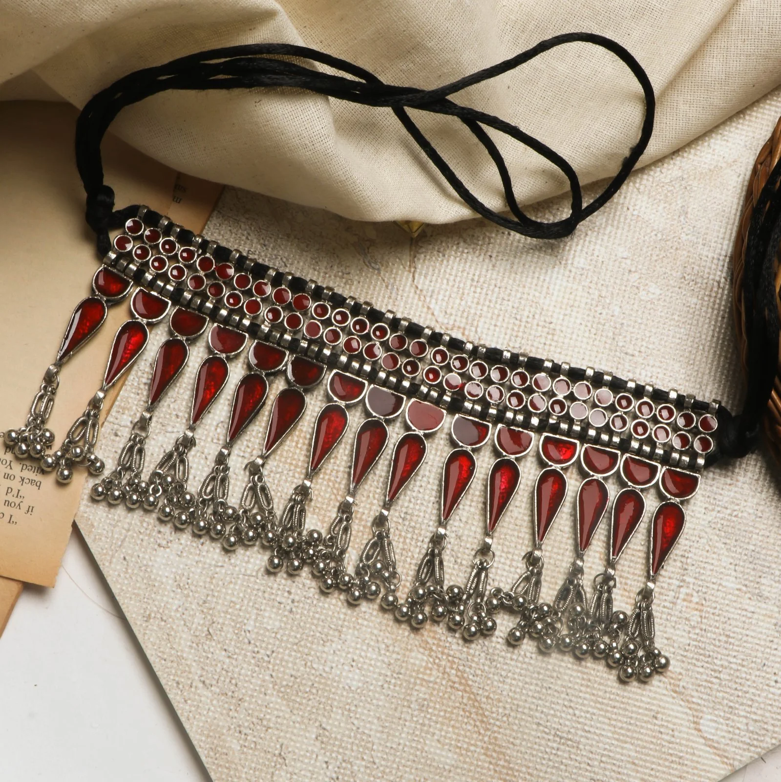Teejh Bheena Red Silver Oxidised  Choker Necklace - Image 2
