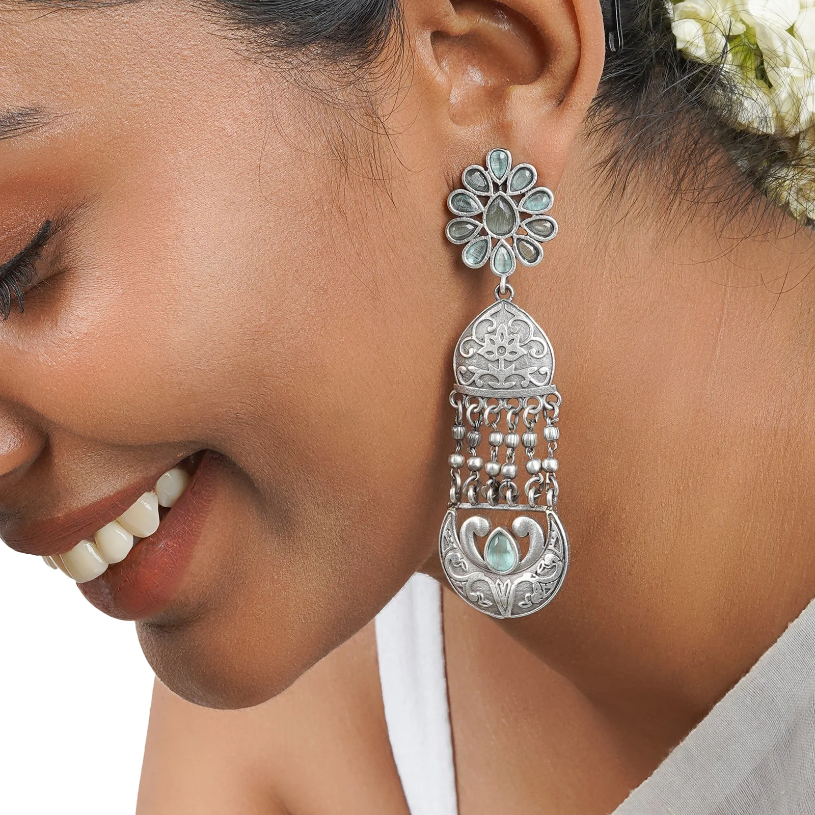 Teejh Bina Floral Green Silver Oxidised Earrings - Image 2