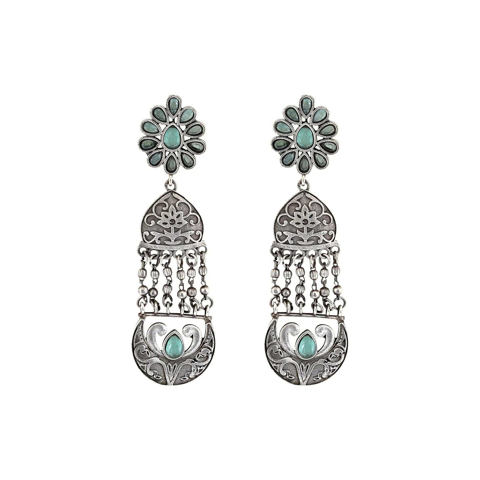Teejh Bina Floral Green Silver Oxidised Earrings - Image 3