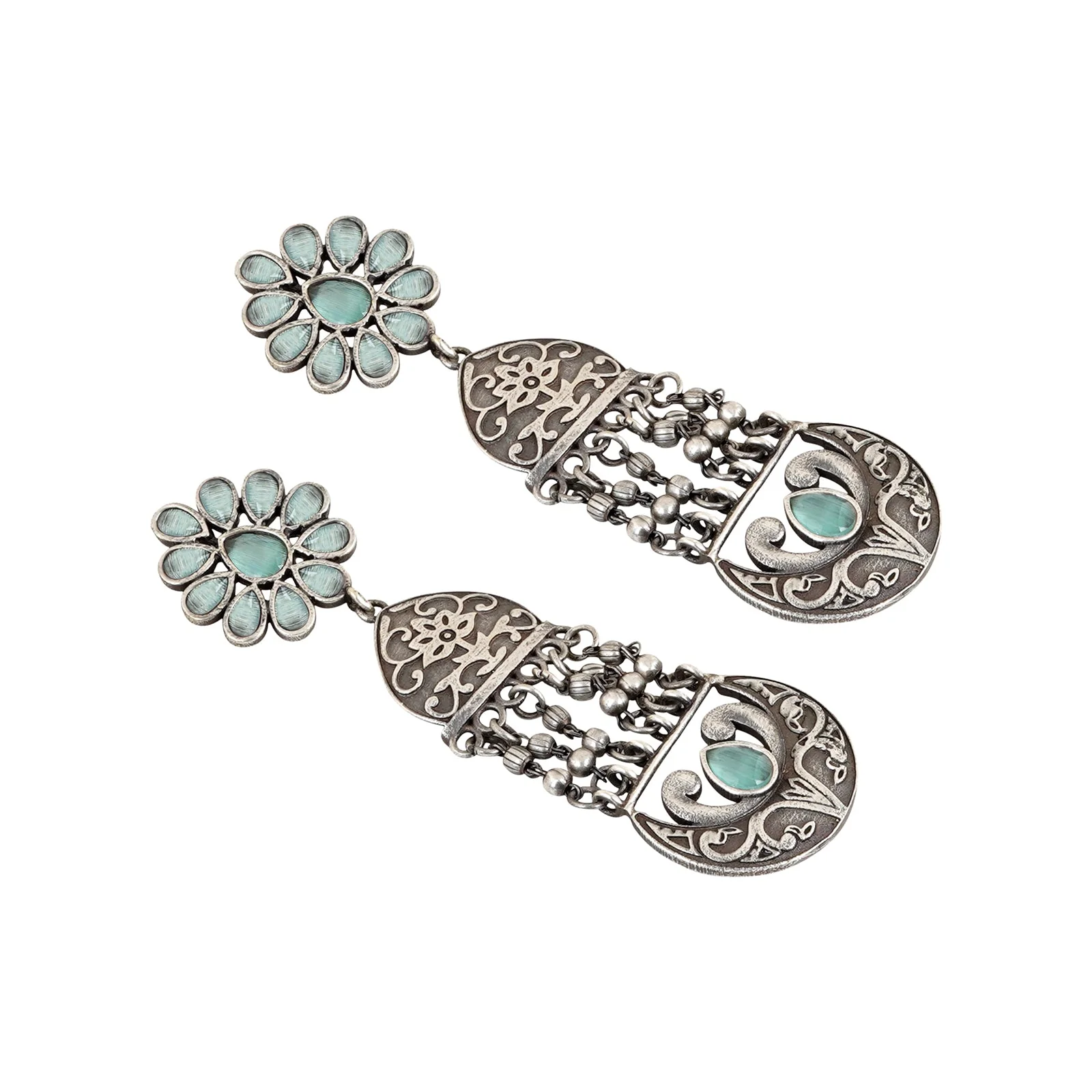 Teejh Bina Floral Green Silver Oxidised Earrings - Image 4