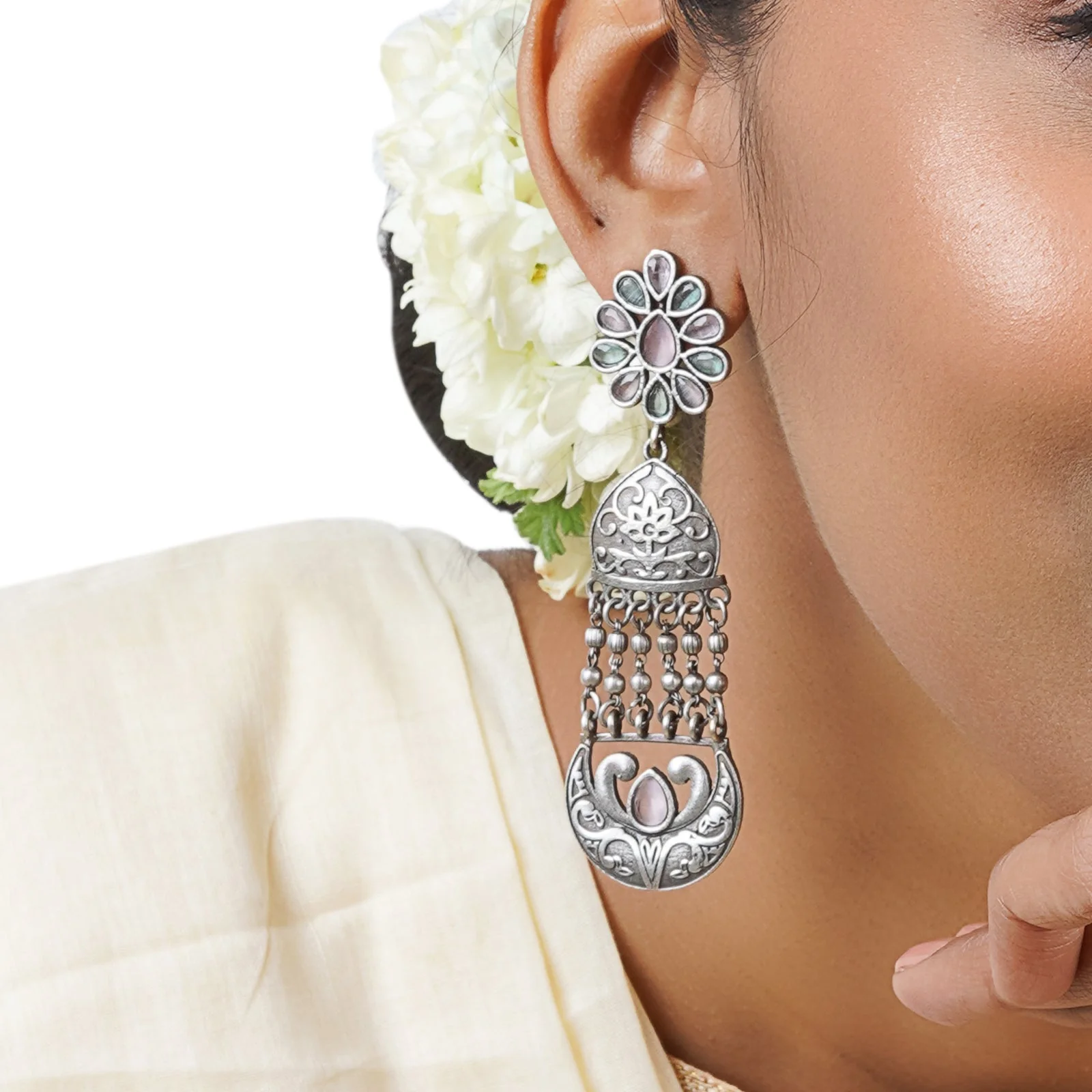 Teejh Bina Floral Pink & Green Silver Oxidised Earrings - Image 2