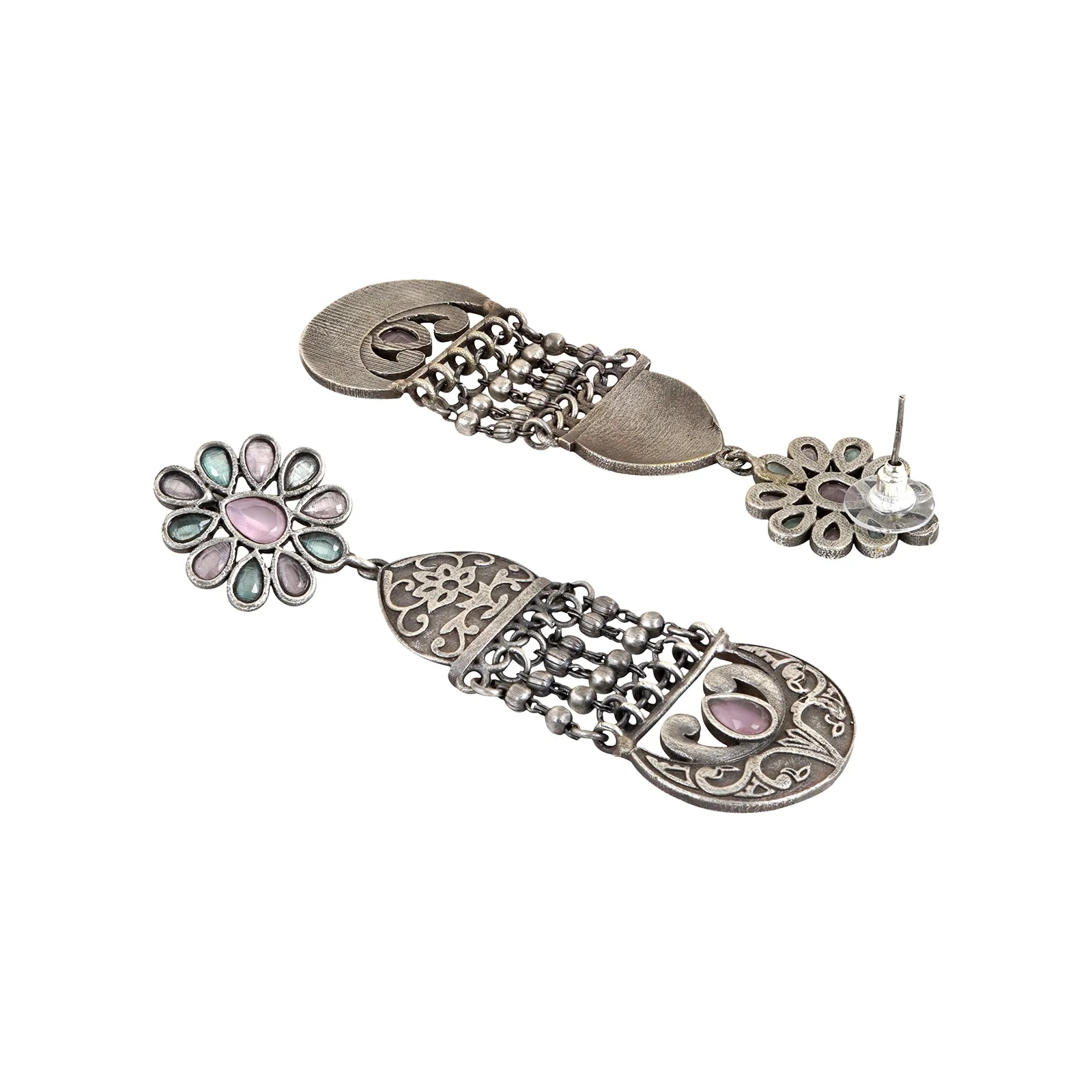 Teejh Bina Floral Pink & Green Silver Oxidised Earrings - Image 3