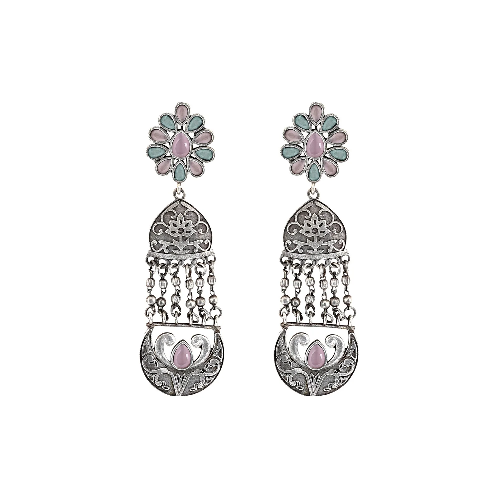 Teejh Bina Floral Pink & Green Silver Oxidised Earrings - Image 4
