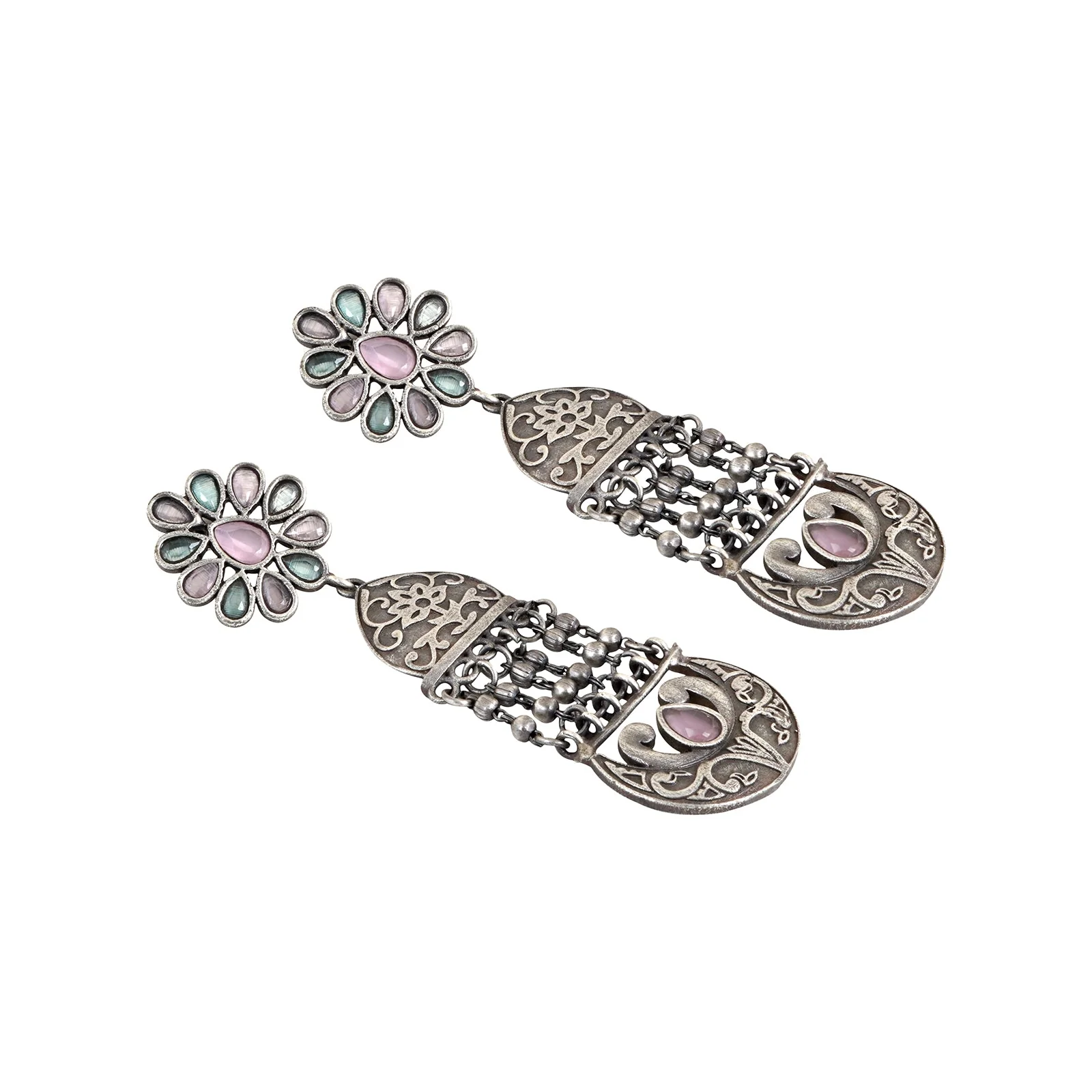 Teejh Bina Floral Pink & Green Silver Oxidised Earrings - Image 5
