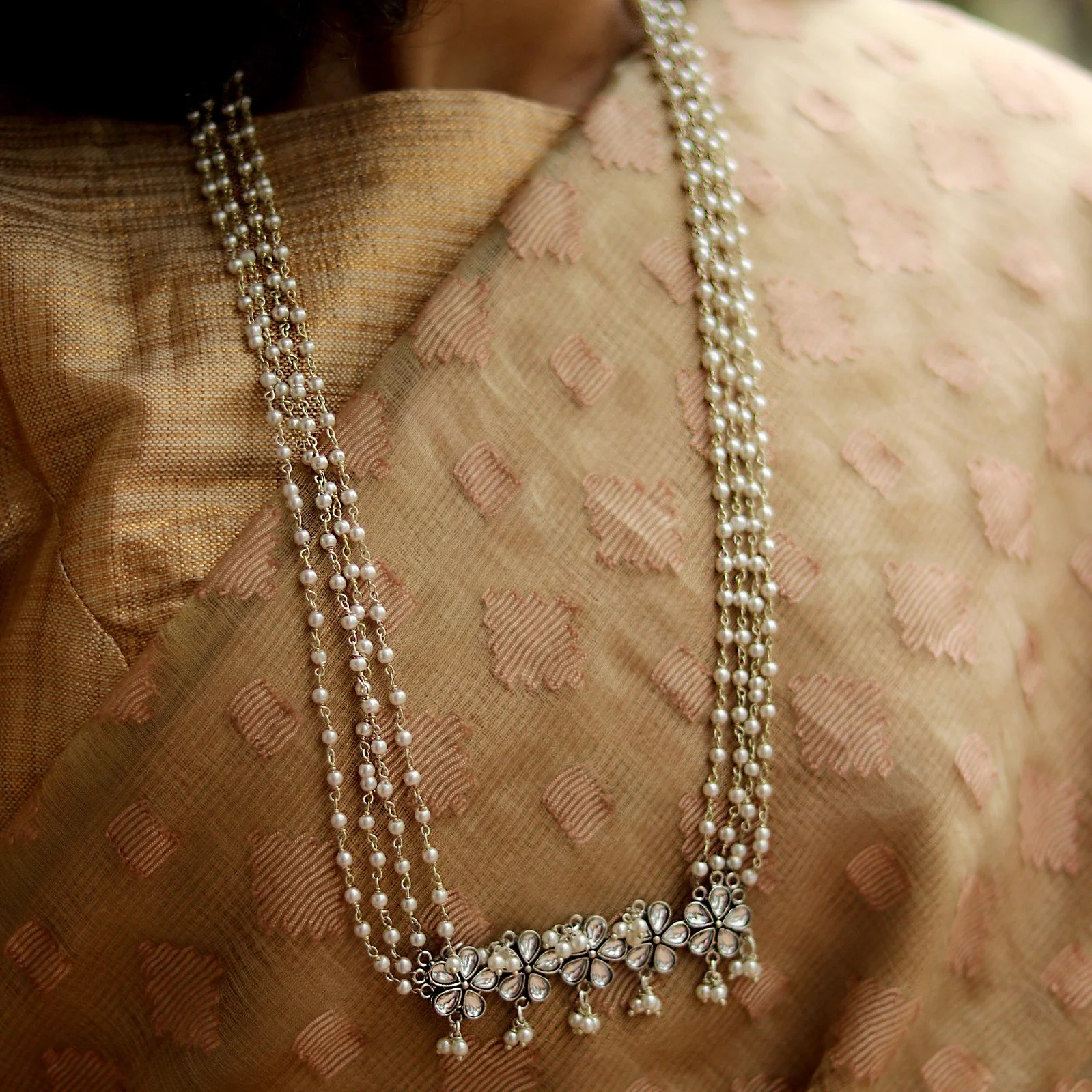 Teejh Blush Polki Silver Oxidized Pearl Long Necklace - Image 2