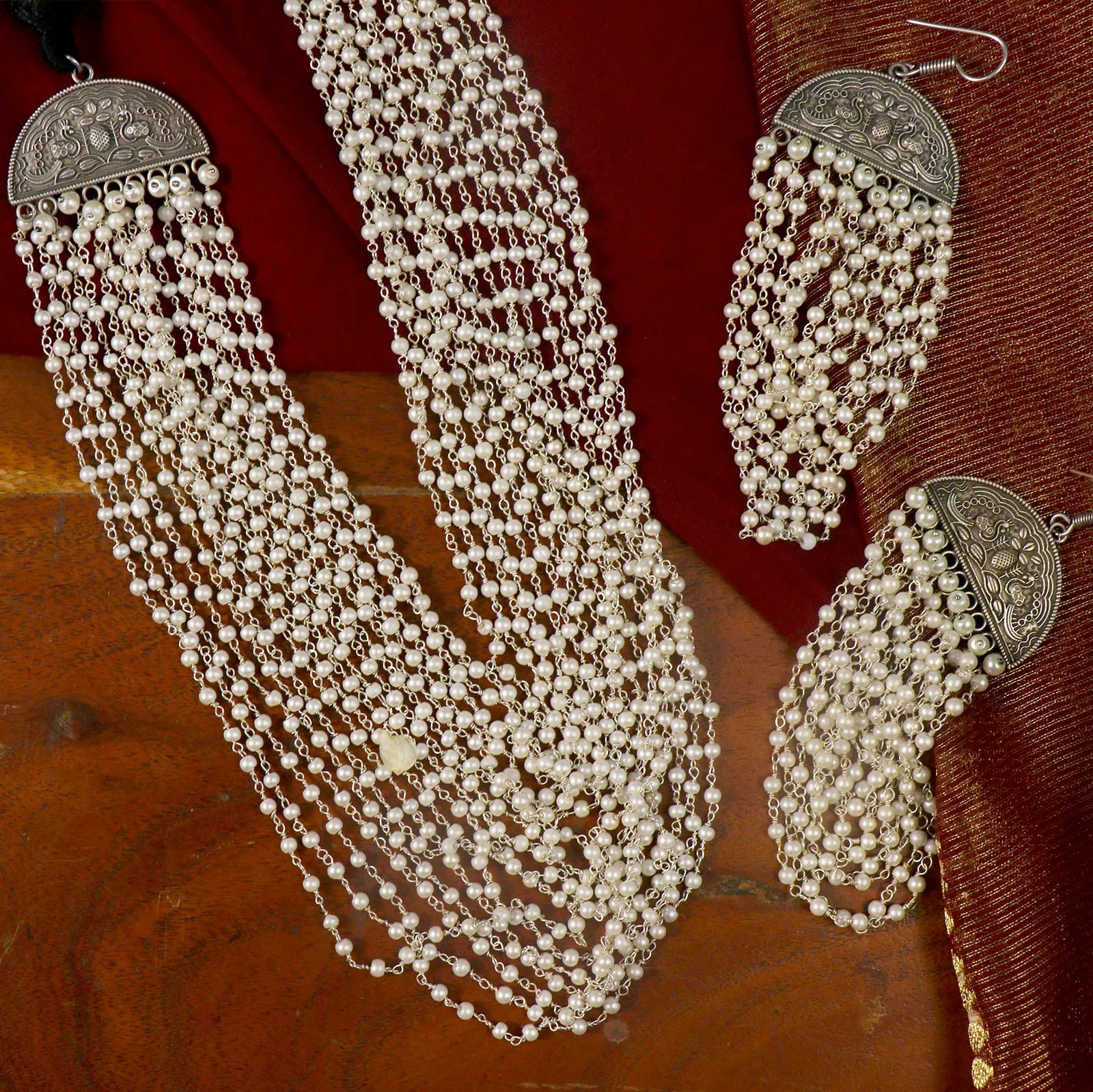 Charu Pearl Layered Silver Oxidized Necklace Set - Image 2