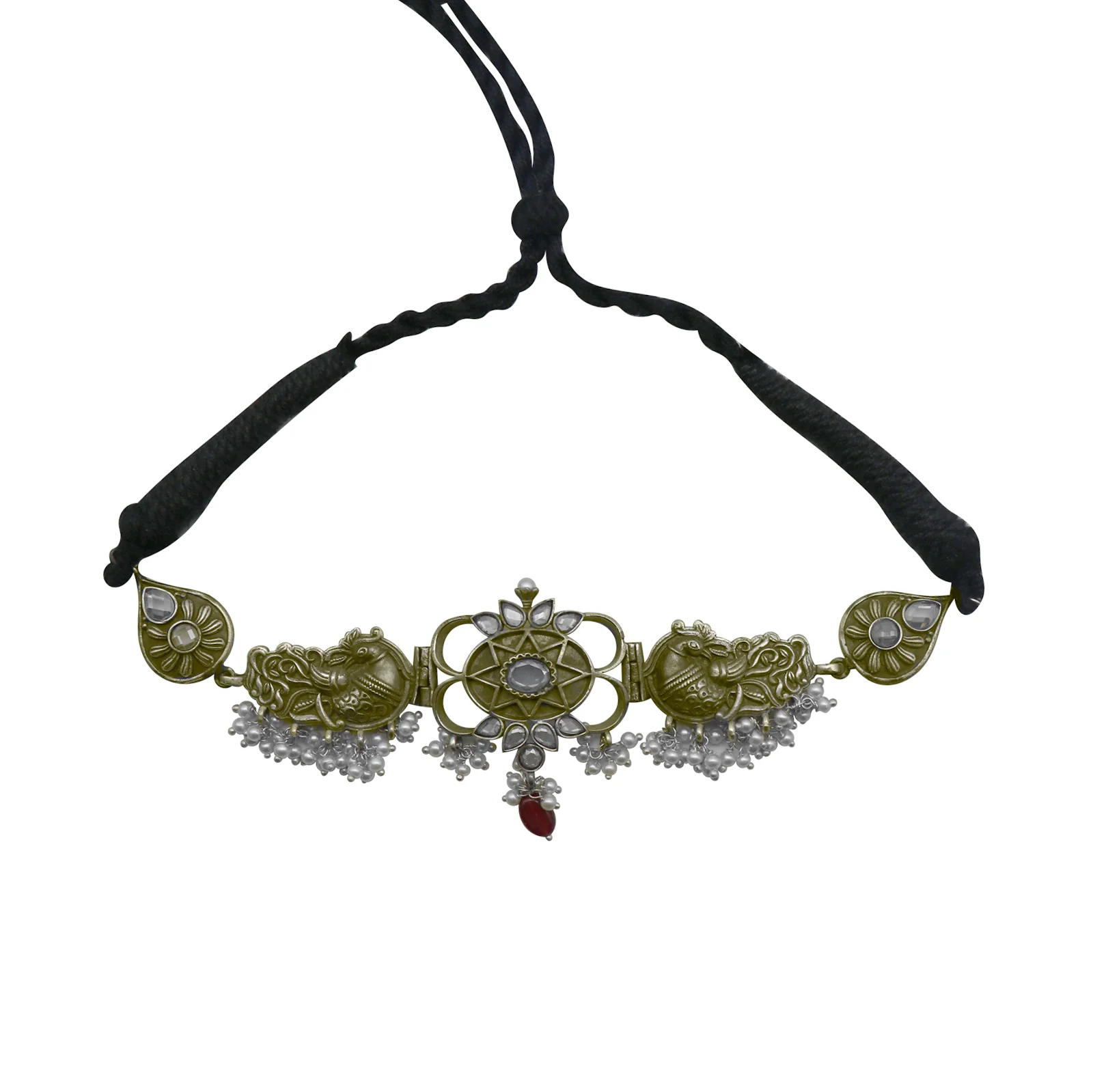 Dancing Dual Peacock White Silver Oxidized Choker Necklace - Image 3