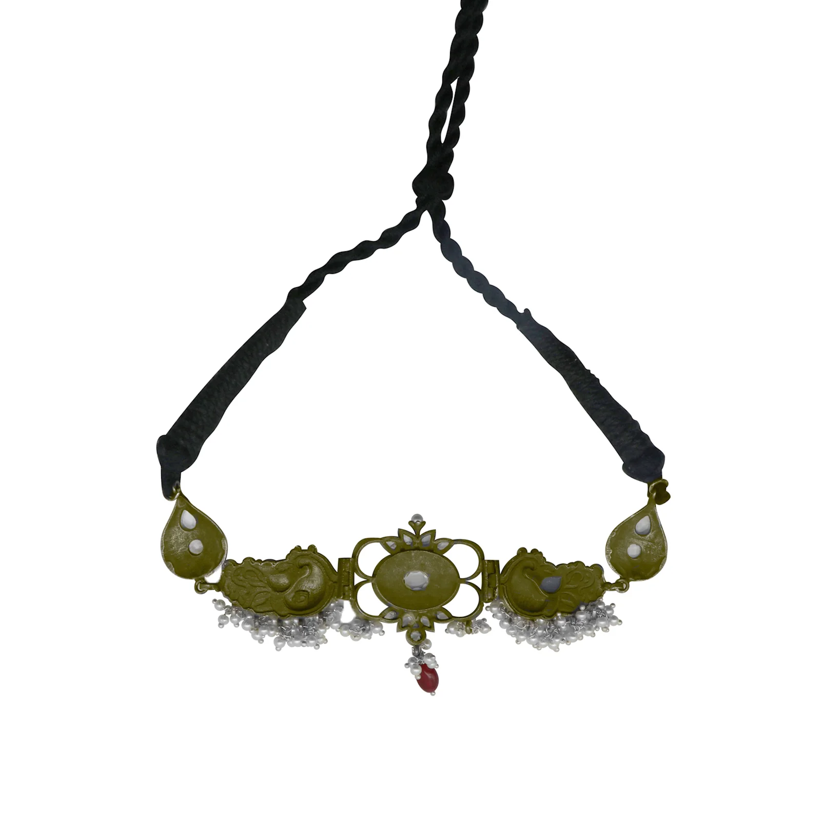 Dancing Dual Peacock White Silver Oxidized Choker Necklace - Image 4