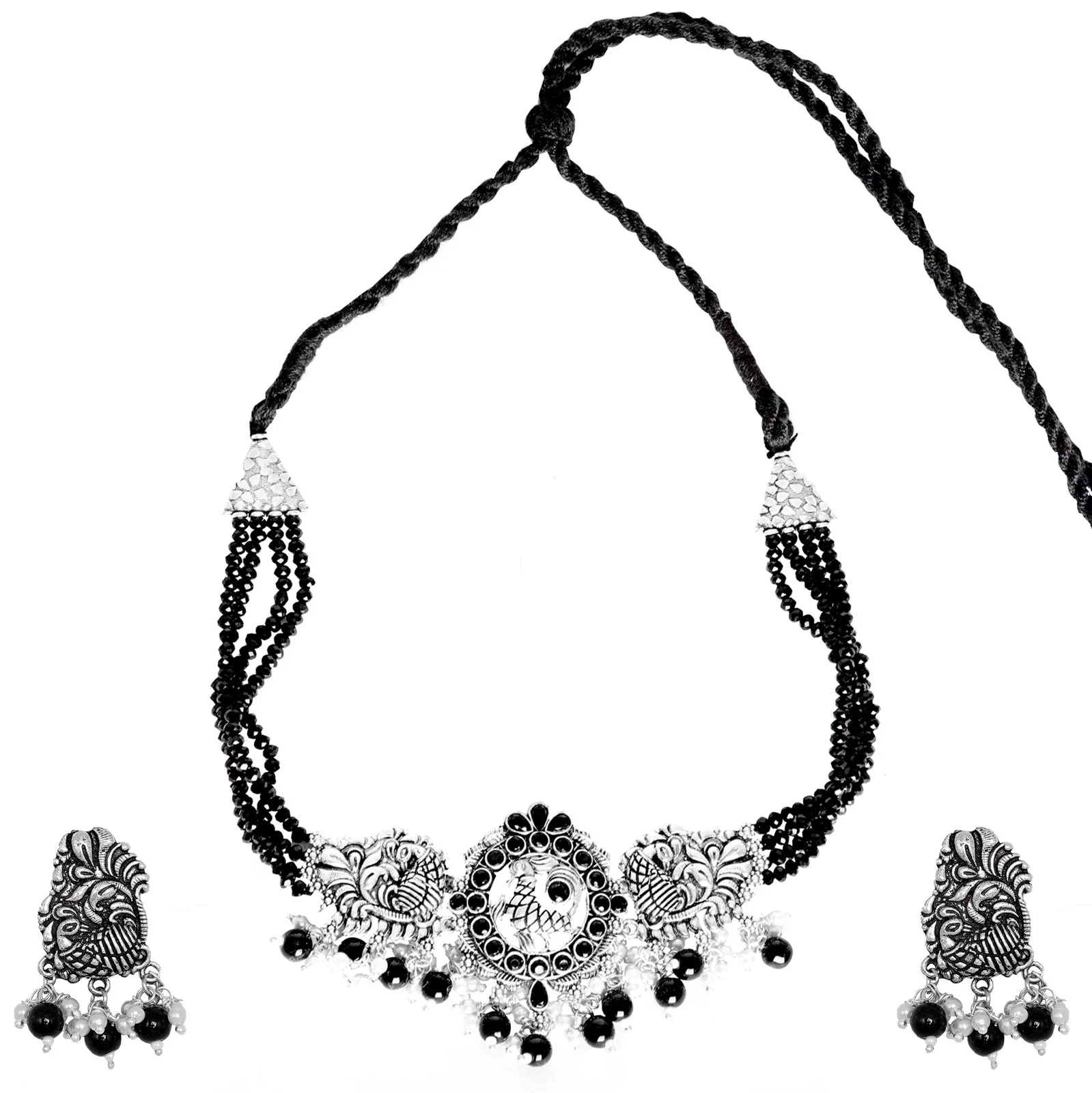 Teejh Darshika Silver Oxidised Pearl and Black Stones Choker Necklace Set - Image 2