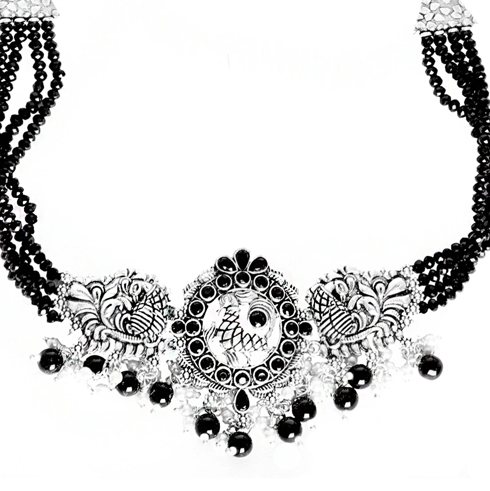 Teejh Darshika Silver Oxidised Pearl and Black Stones Choker Necklace Set - Image 4