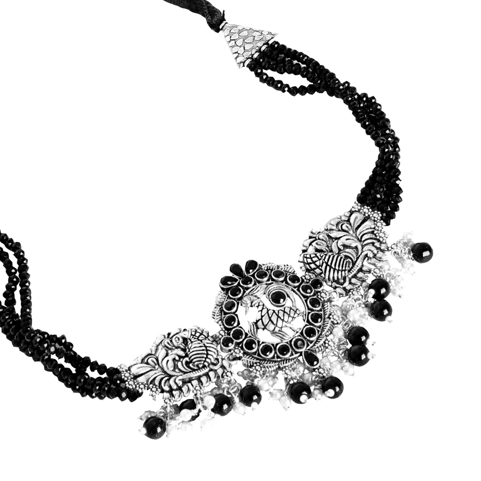 Teejh Darshika Silver Oxidised Pearl and Black Stones Choker Necklace Set - Image 5