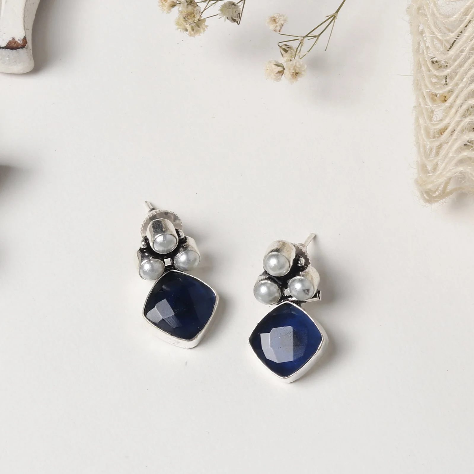 Teejh Delisha Blue Stone Silver Oxidised  Stud Earrings - Image 2