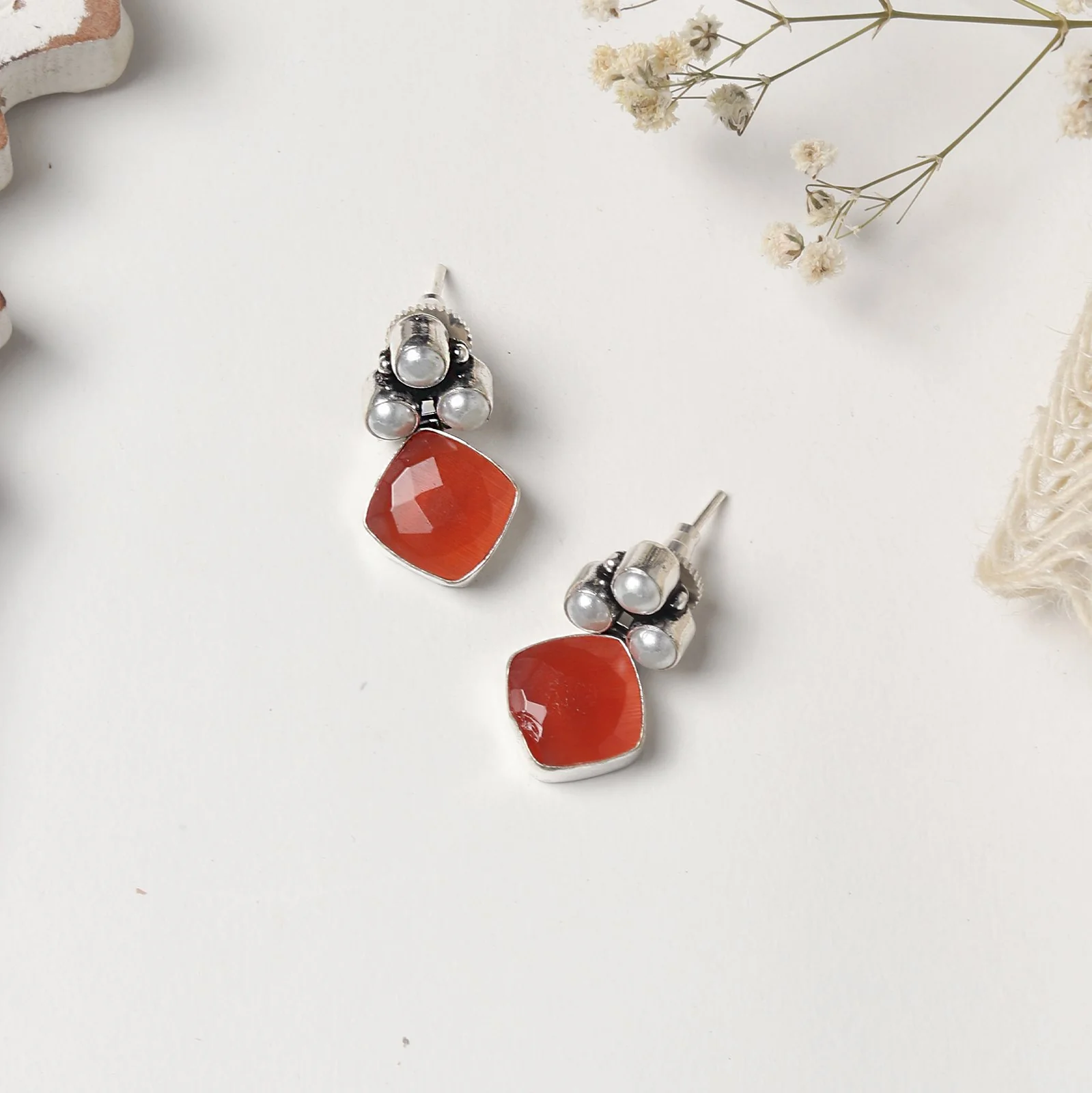 Teejh Delisha Orange Stone Silver Oxidised  Stud Earrings - Image 2