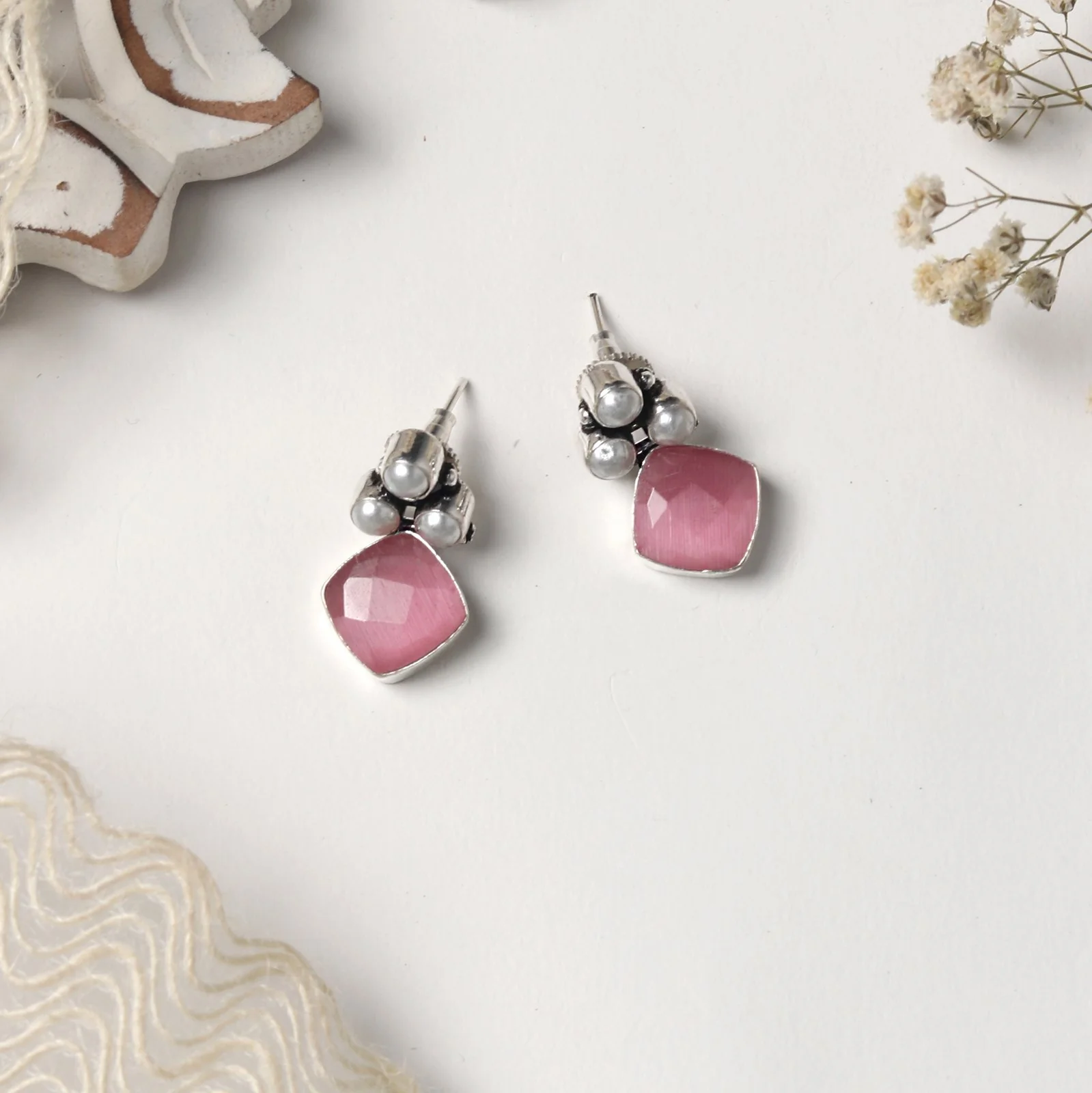 Teejh Delisha Pink Stone Silver Oxidised  Stud Earrings - Image 2