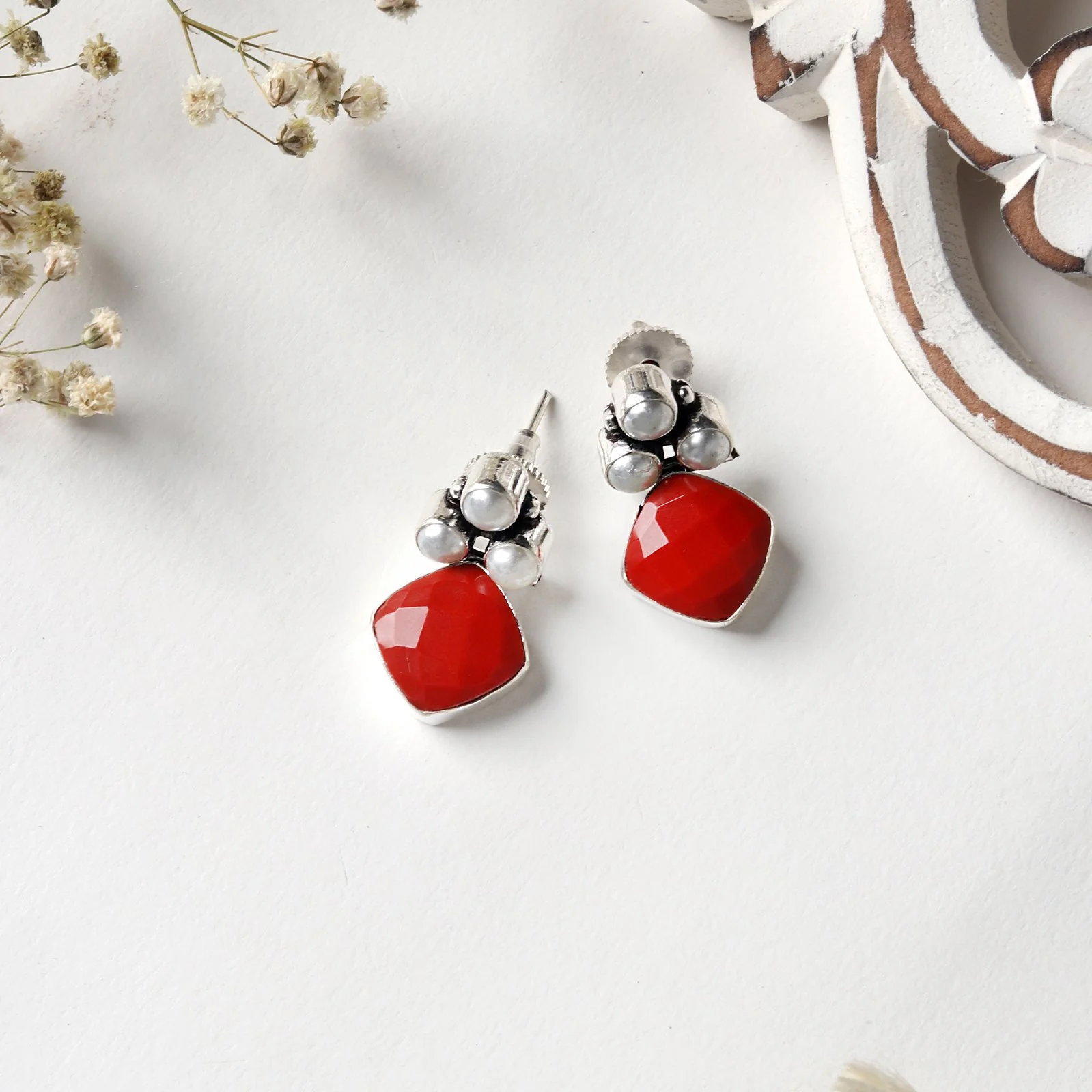Teejh Delisha  Red Stone Silver Oxidised  Stud Earrings - Image 2