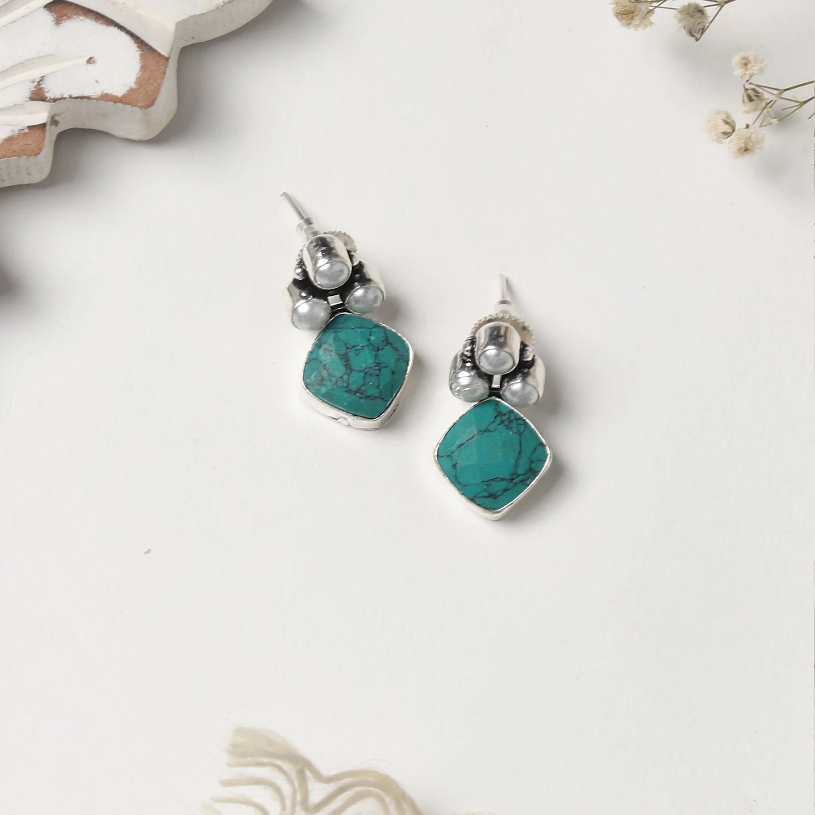 Teejh Delisha Turquoise Stone Silver Oxidised  Stud Earrings - Image 2