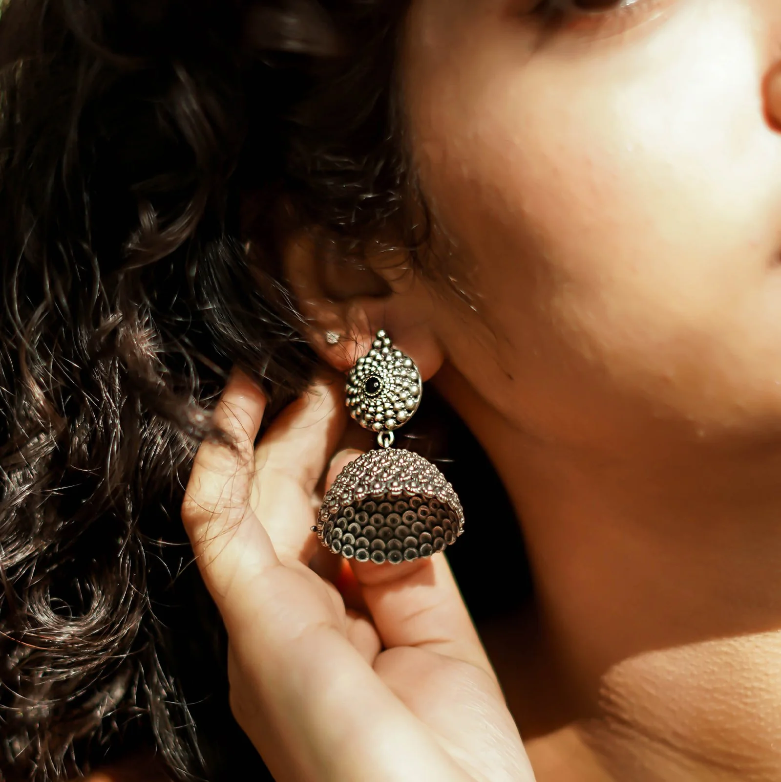 Teejh Dharvi Black Stone Antique Silver Jhumki - Image 2