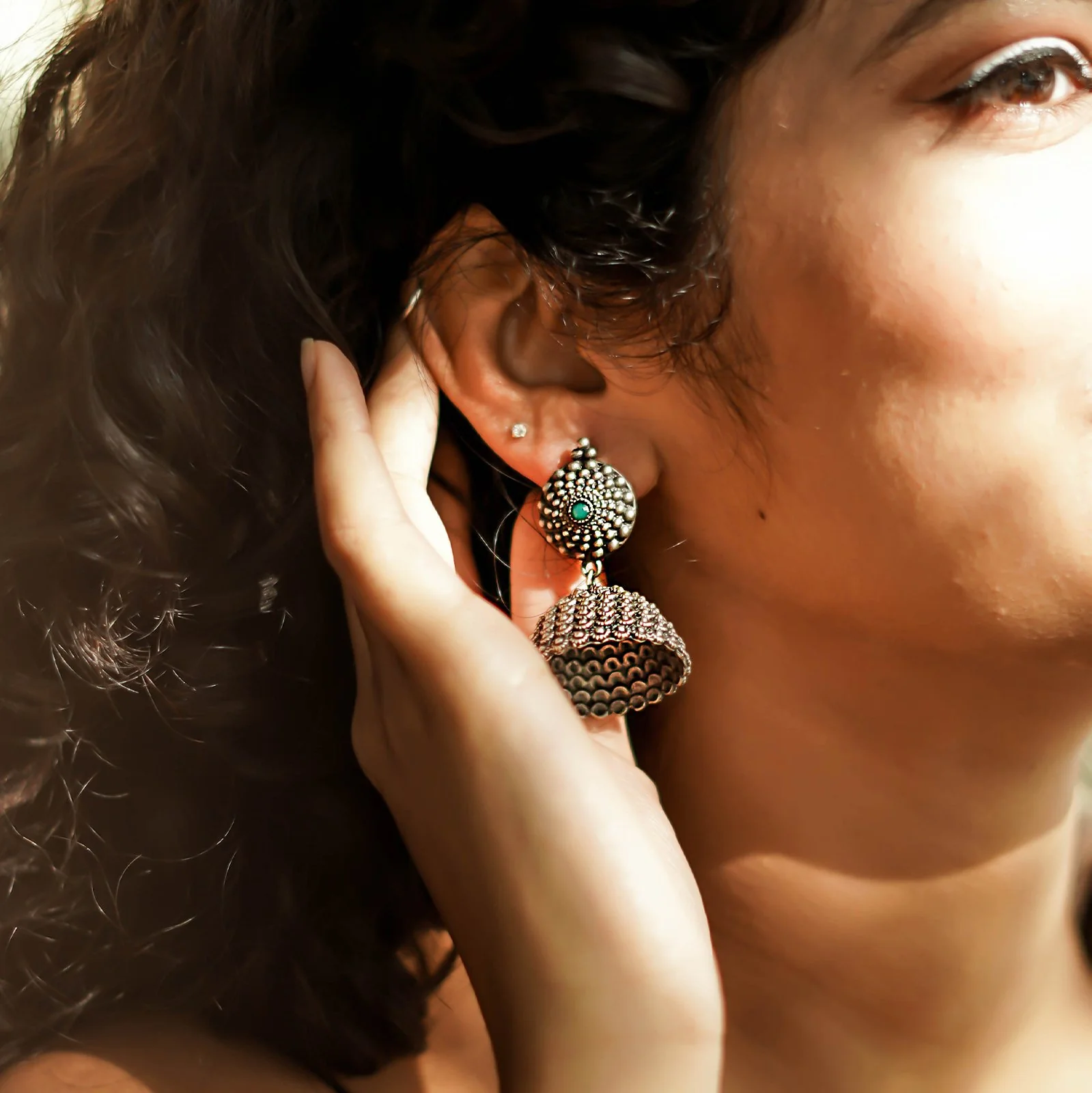 Teejh Dharvi Green Stone Antique Silver Jhumki - Image 2