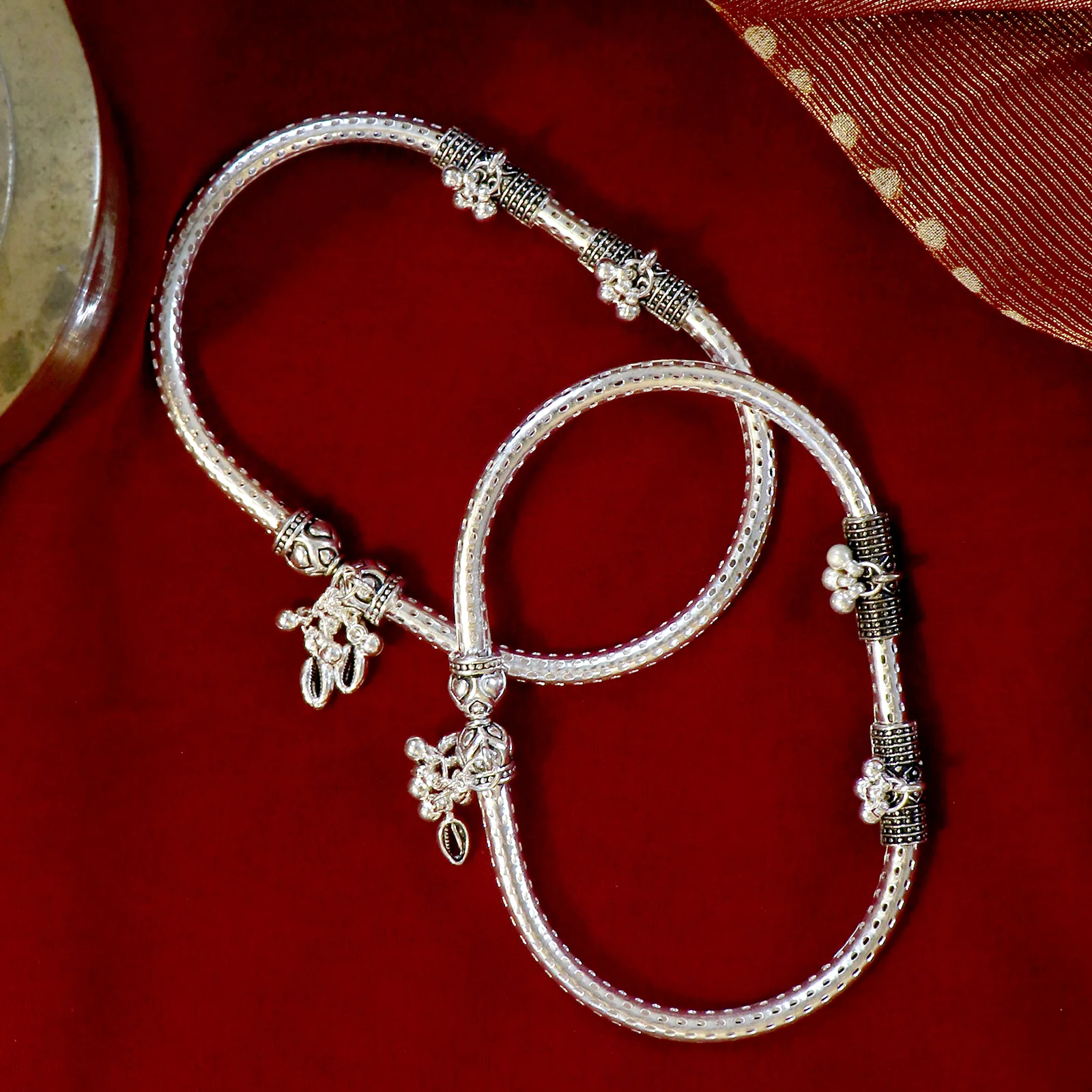 Teejh Double Cylindrical Silver Oxidized Charm Anklets - Image 2