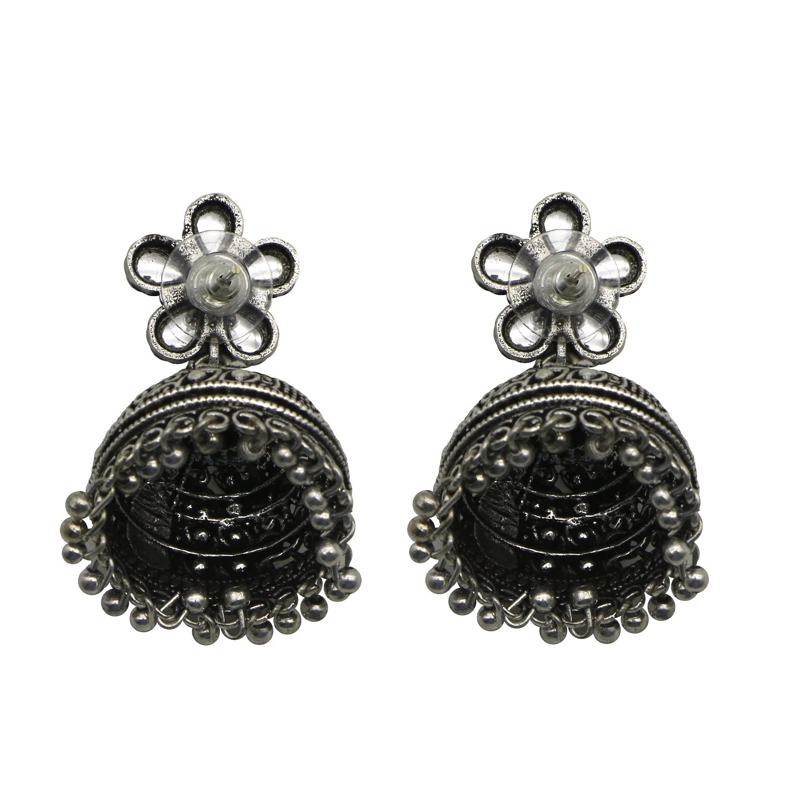 Teejh Floret Polki Silver Oxidized Pearl Jhumki Earrings - Image 3