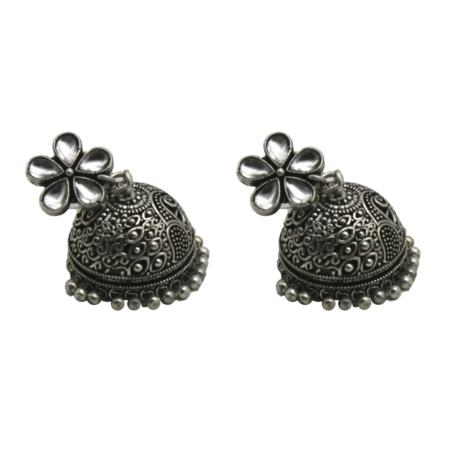 Teejh Floret Polki Silver Oxidized Pearl Jhumki Earrings - Image 4