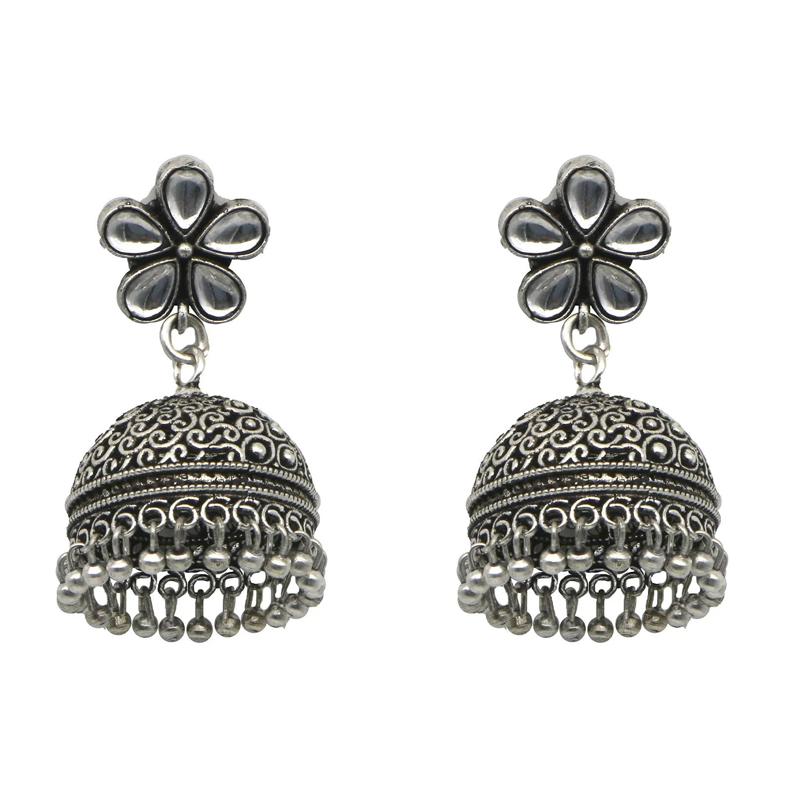 Teejh Floret Polki Silver Oxidized Pearl Jhumki Earrings - Image 5