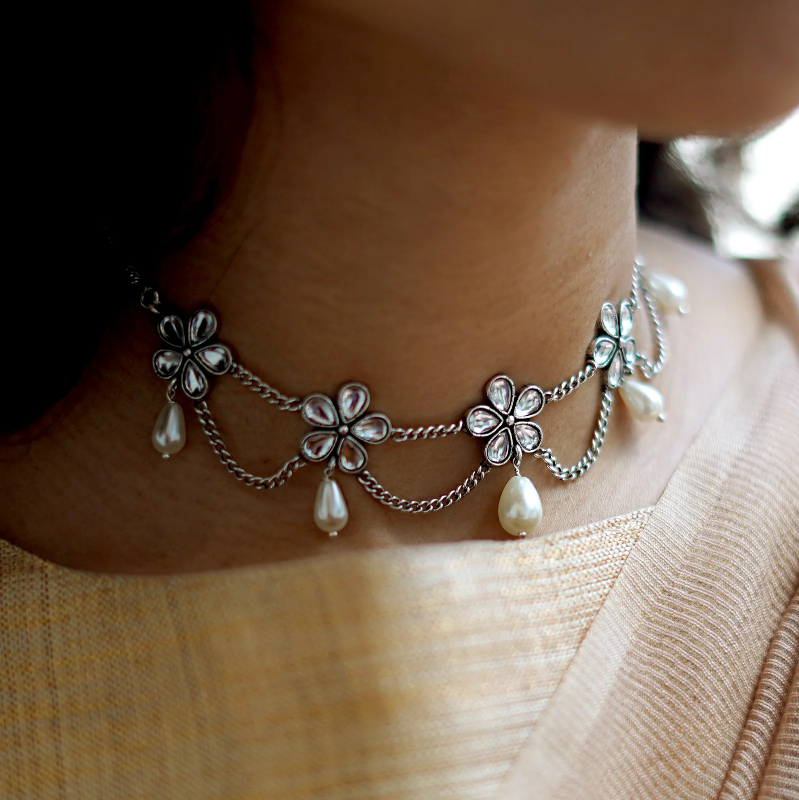 Teejh Floweret Polki Silver Oxidized Pearl Choker Necklace - Image 2